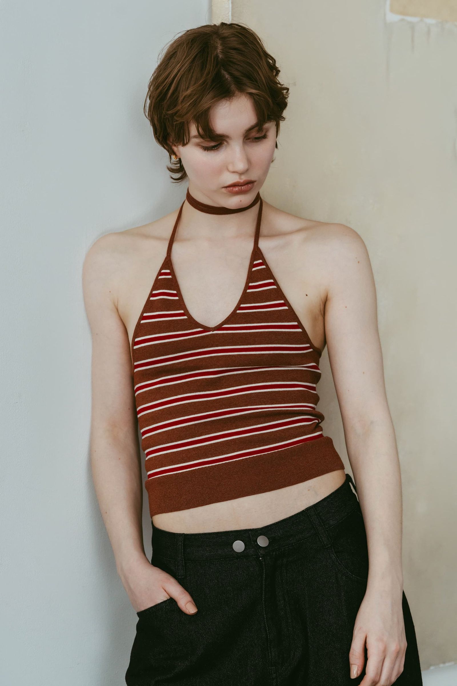 ニット ホルタービスチェ (ブラウン) knit halter bustier (Brown) /  26SS
