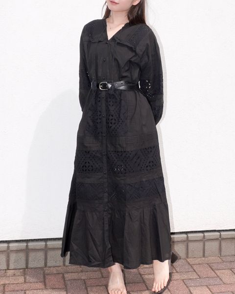 ティアードワンピース (ブラック) pieced cotton lace tiered volume OP (Black) /  26SS
