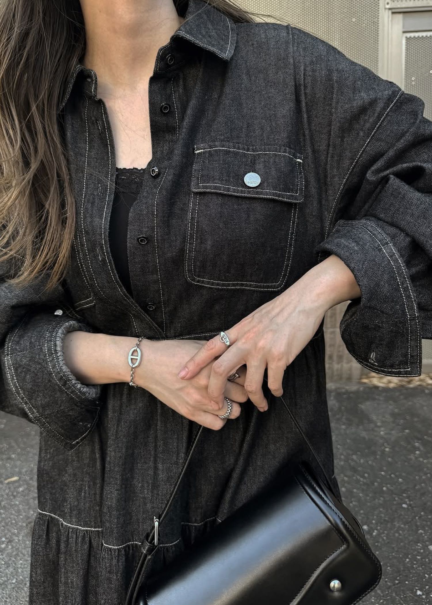 【Healthy DENIM × WILLFULLY】"Aphrodite" tiered denim shirt OP / ヘルシーデニムコラボ デニムシャツワンピース (ブラック) / 25AW /