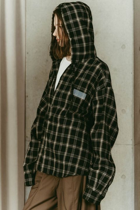 hooded over shirts(unisex) (Check black) / オーバー フーディシャツ (チェックブラック) / 26SS