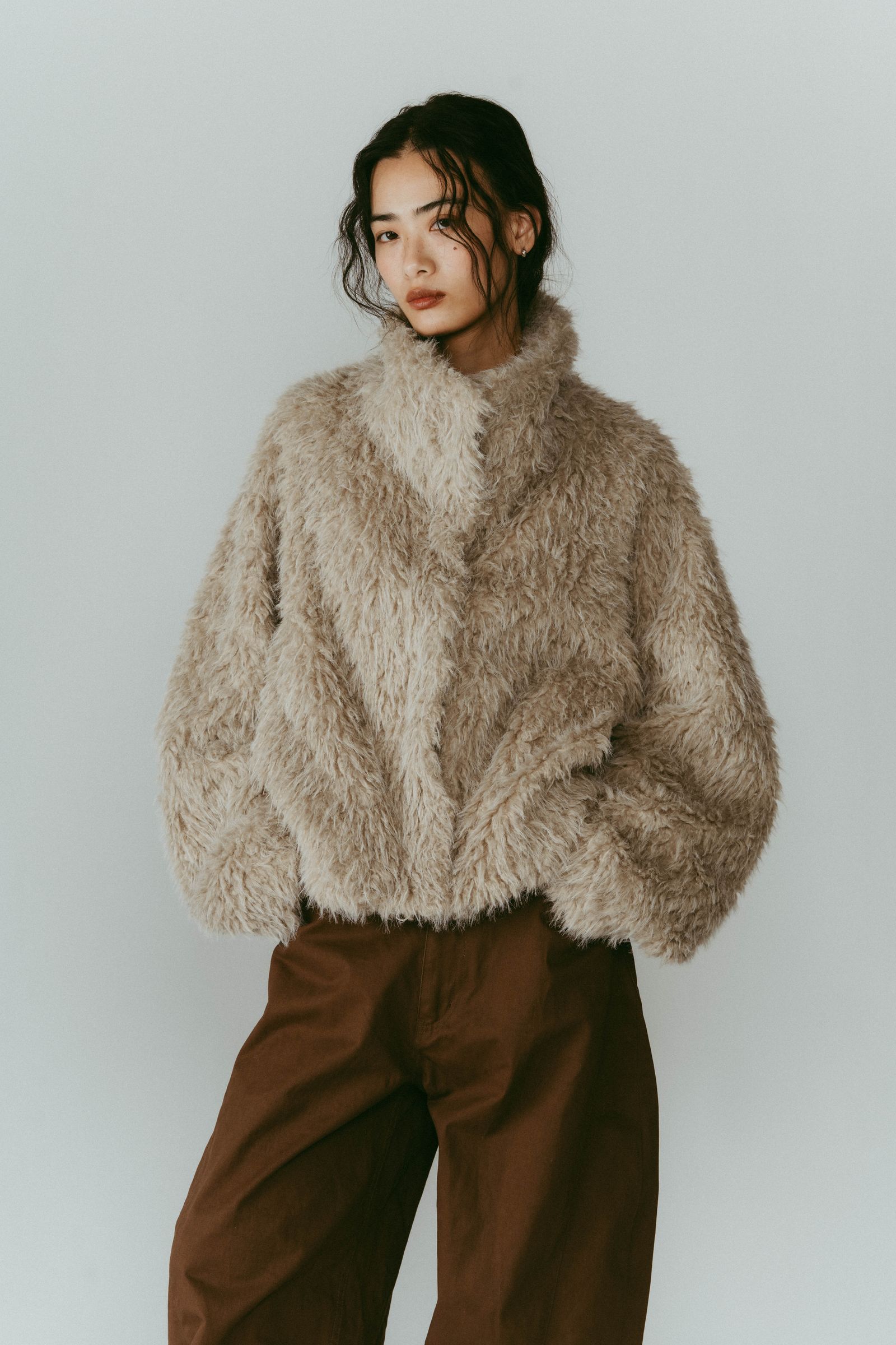 shaggy stand collar coat / シャギースタンドカラーコートブルゾン (アイボリー) / 25AW