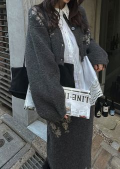 cropped flower jacquard knit cardigan / フラワージャガード ニットカーディガン (チャコール) / 25AW /