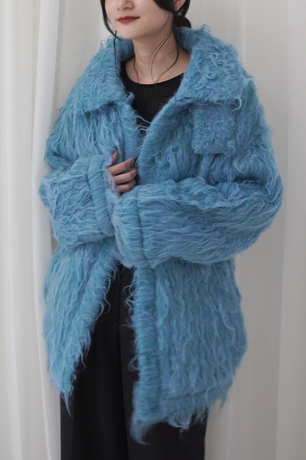 BIG COLLAR KNIT FUR JACKET (BLUE) / ビッグカラーニットファージャケット ブルー