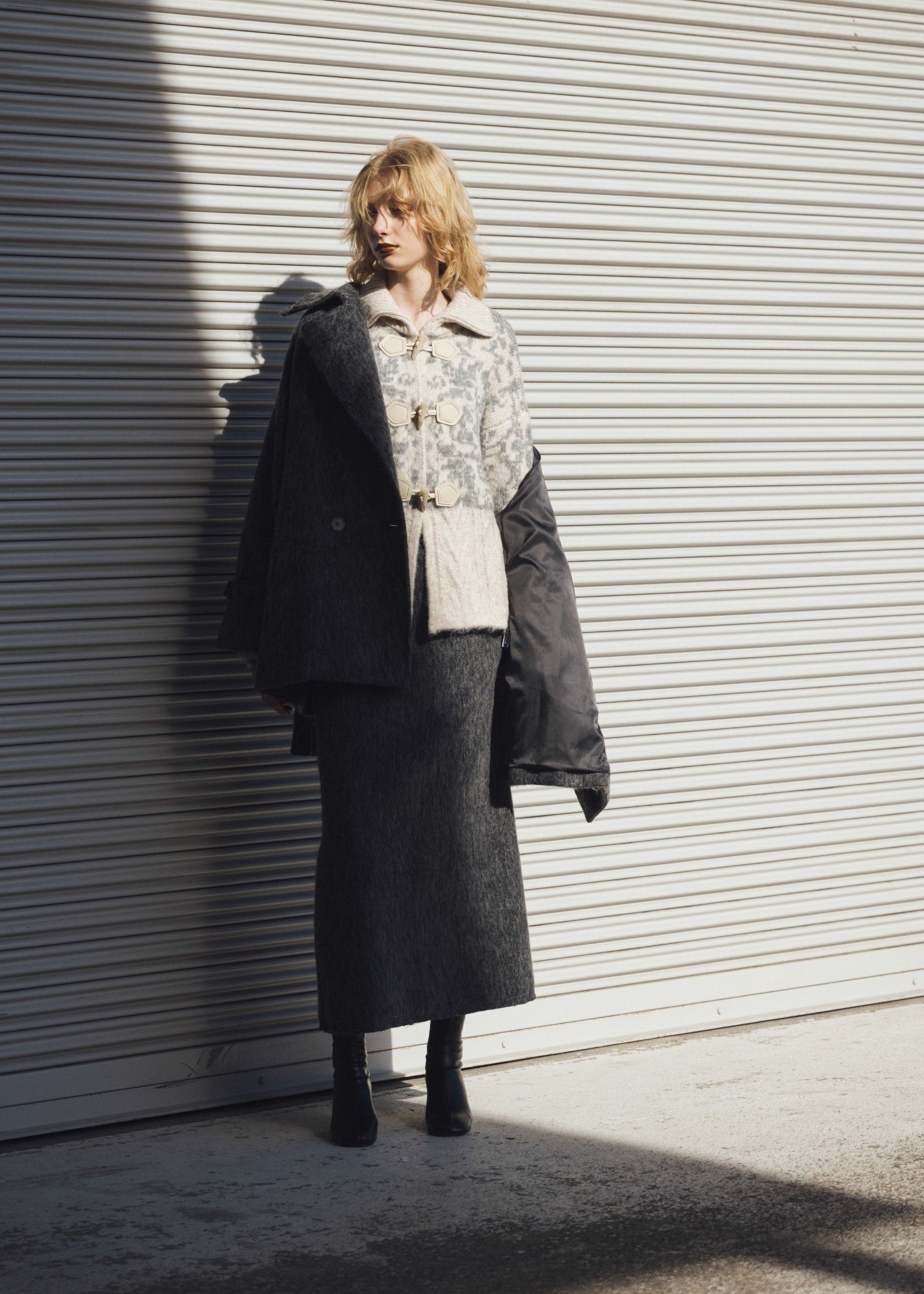 waist frill shaggy pencil SK / ウエストフリル シャギーペンシルスカート (チャコール) / 25AW /