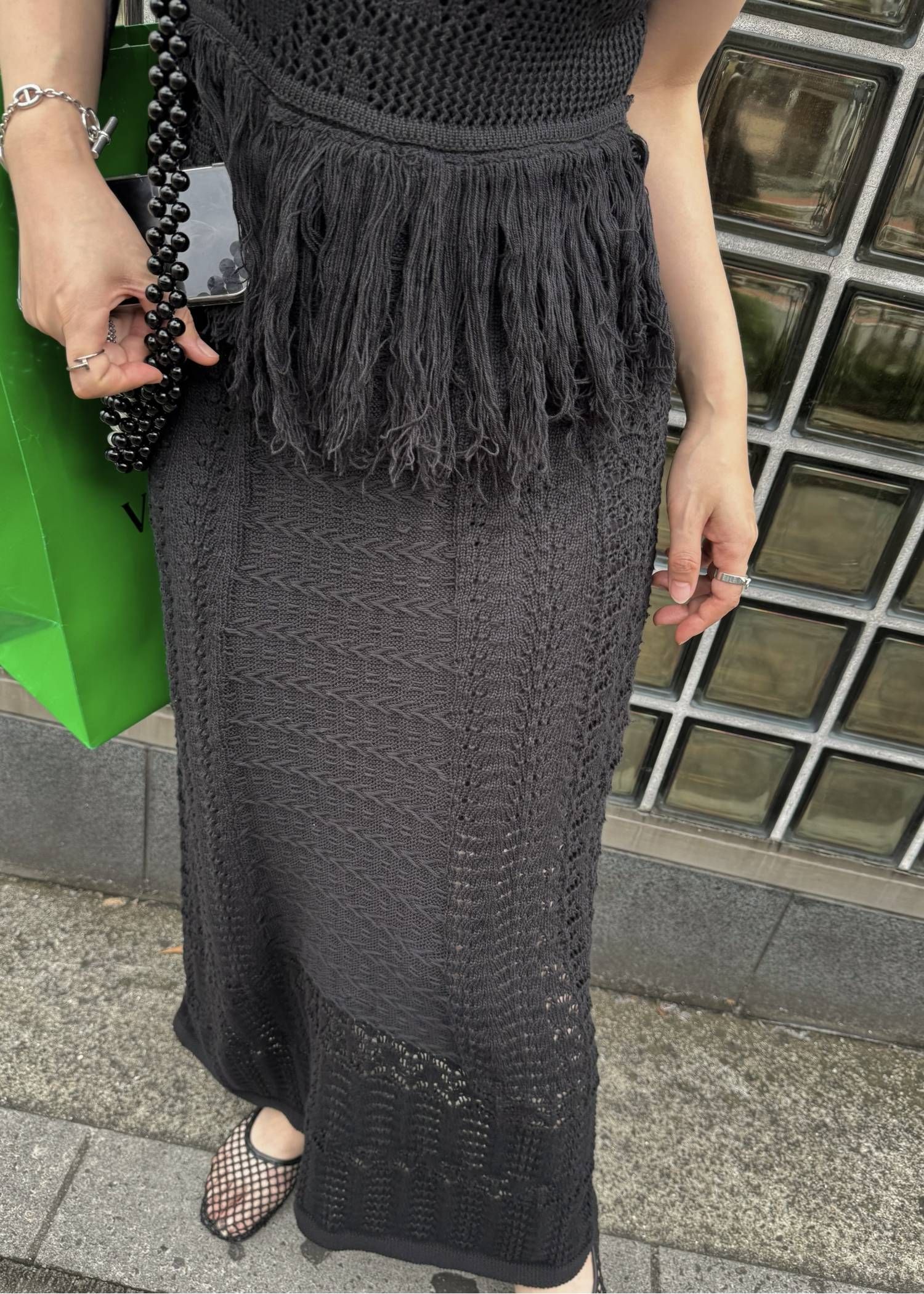 マルチパターン ニットワンピース (ブラック) multi pattern jacquard fringe knit OP (Black) /  26SS