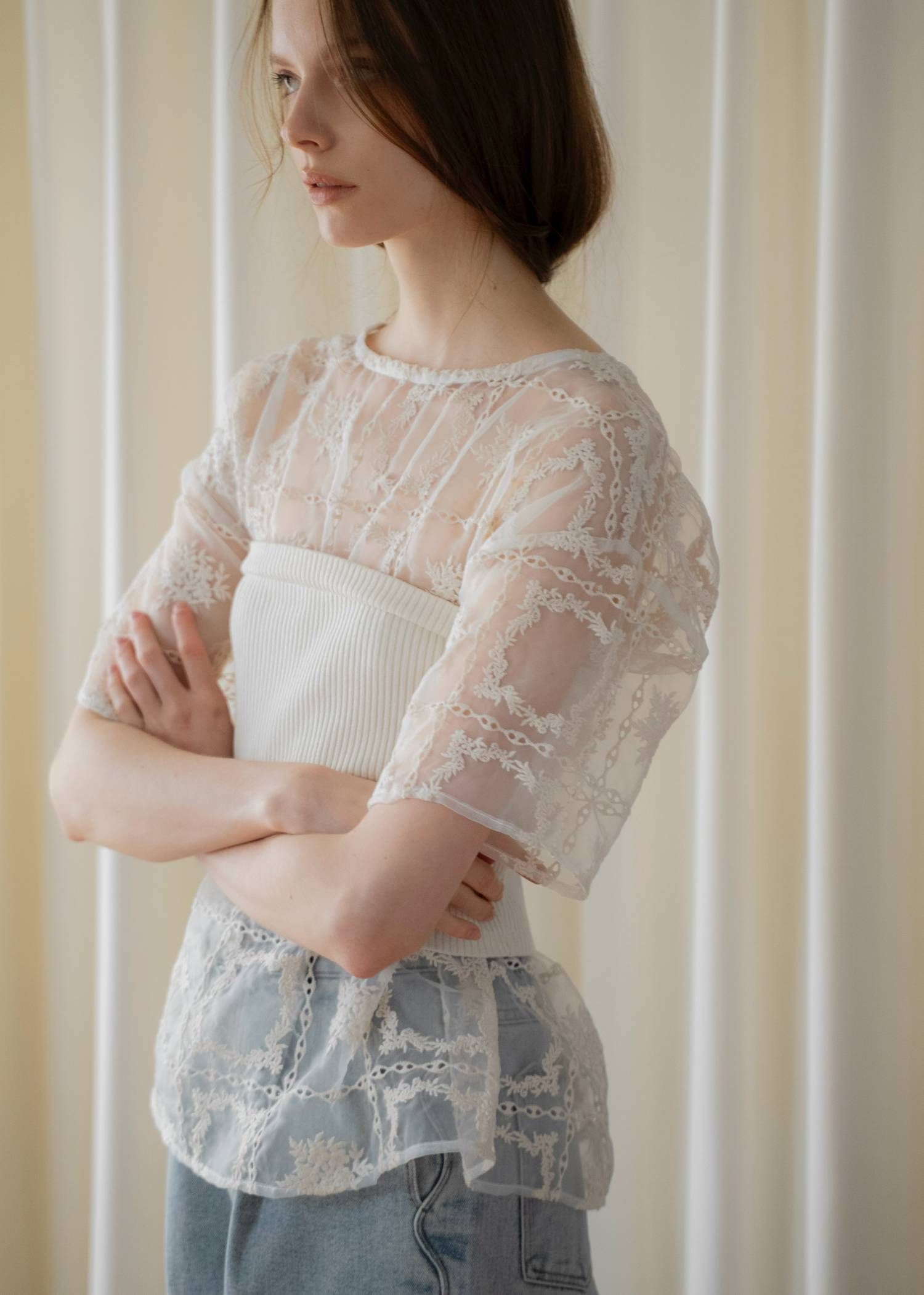 レースビッグTシャツ & リブトップス セット (Natural) square lace big tee & rib tops SET (ナチュラル) /  26SS