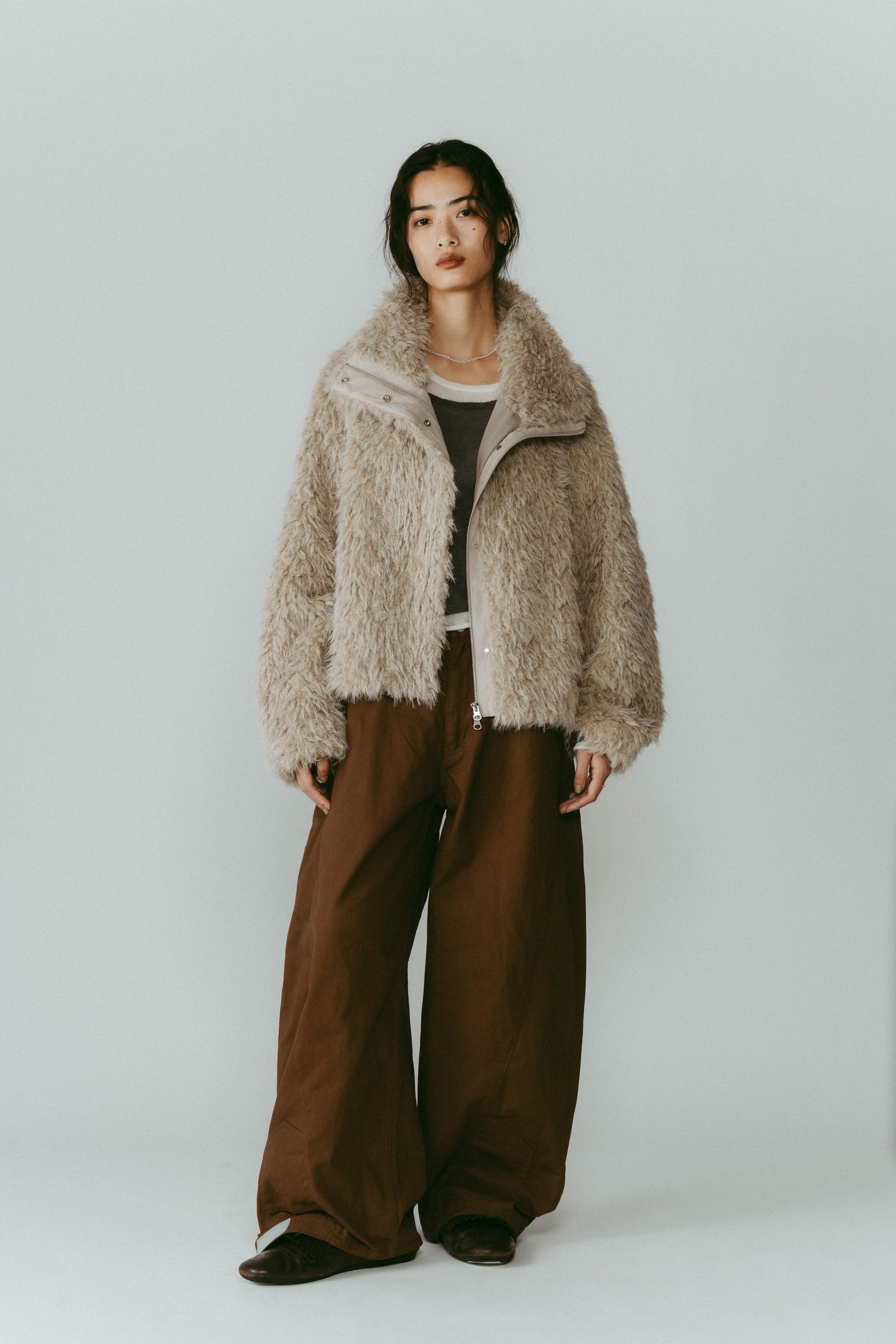 shaggy stand collar coat / シャギースタンドカラーコートブルゾン (アイボリー) / 25AW