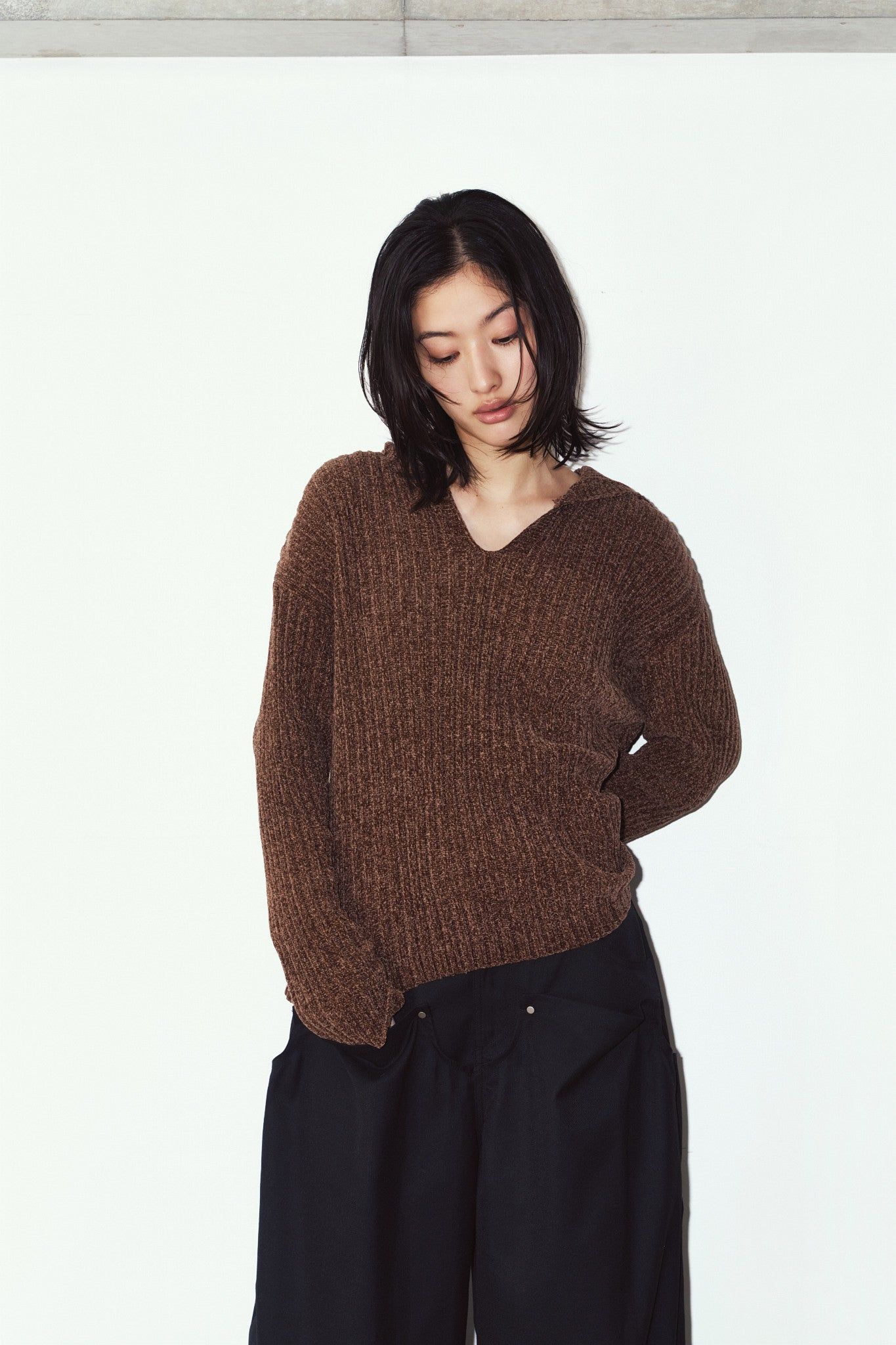 ブークレ ニット フーディ (ブラウン) rib hoodie boucle knit (Brown) / 26AW