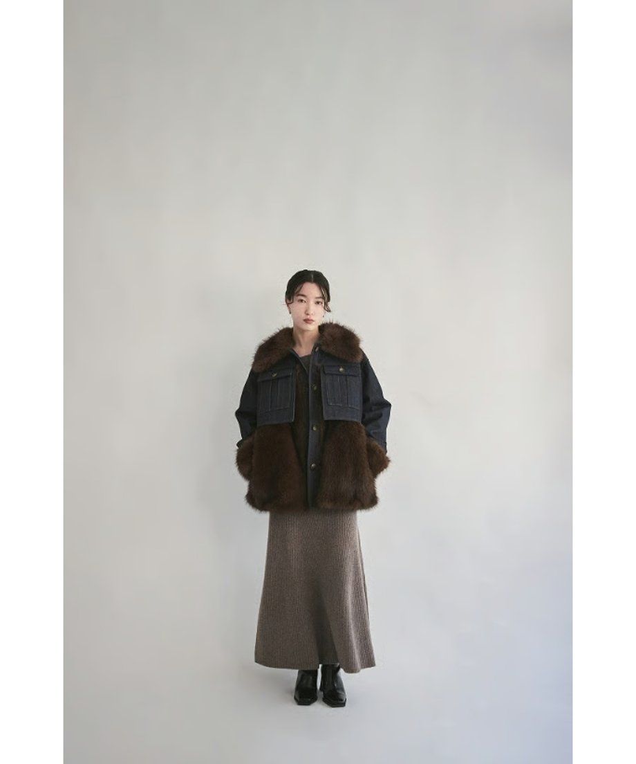 【25AW】Denim Docking Fur Jacket (ダークネイビー) / デニムドッキングファージャケット / エコファー / フェイクファー
