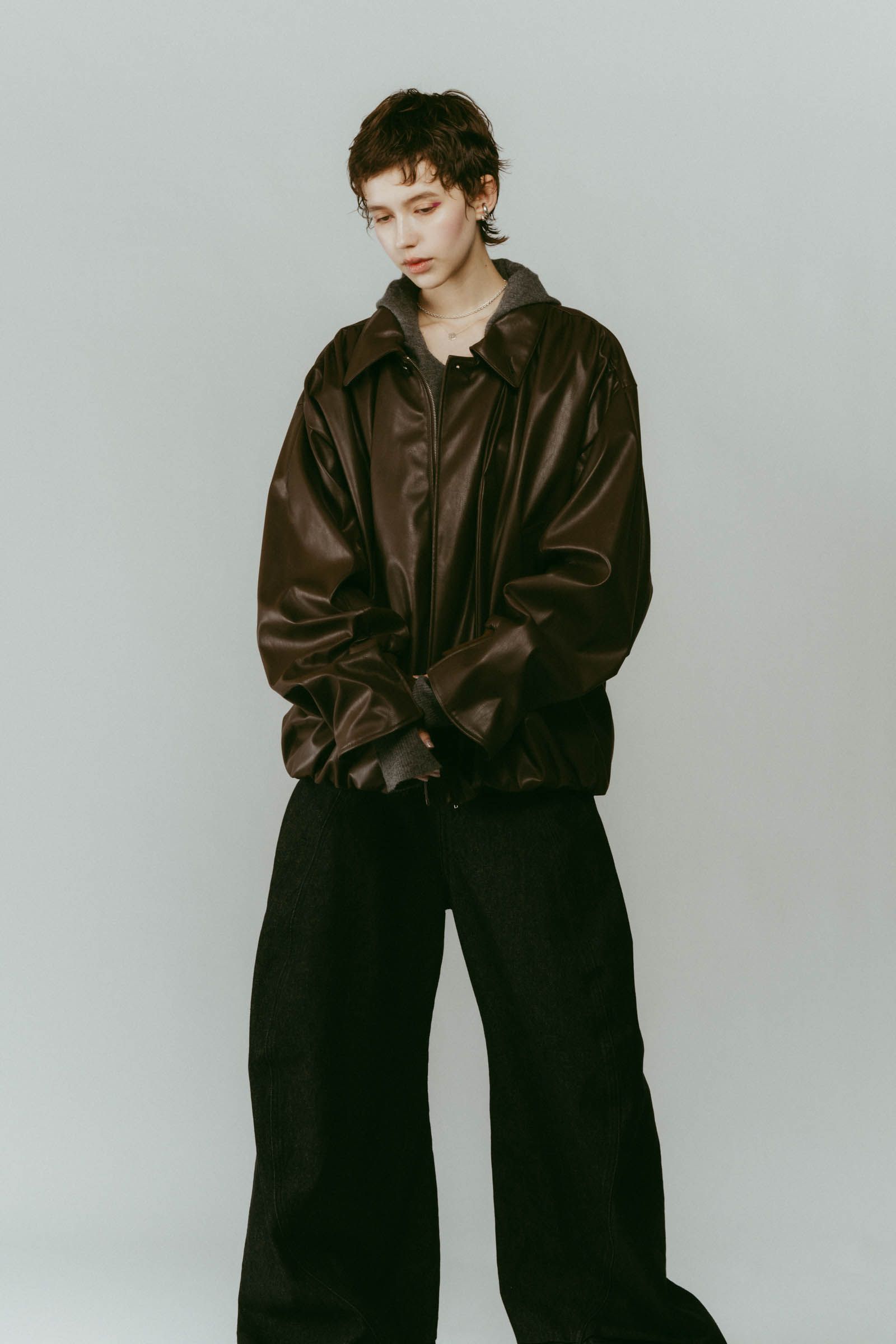 voluminous leather jacket(unisex) / ボリュームレザージャケットブルゾン (ブラウン) / 25AW