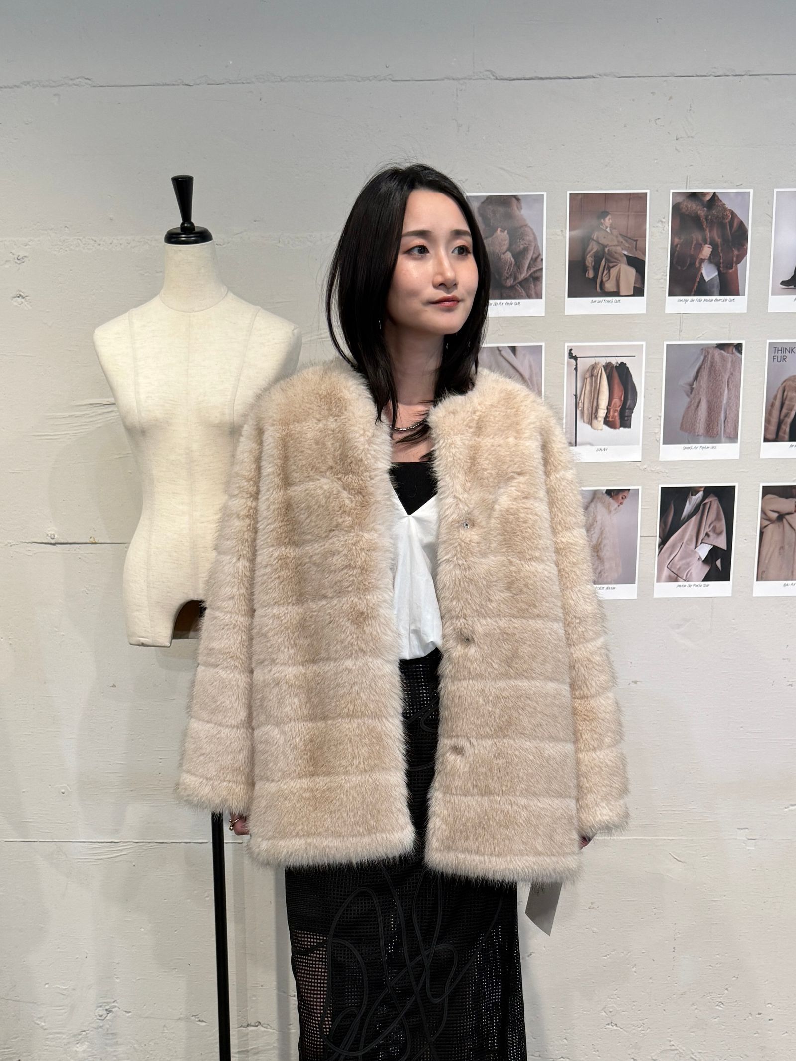 【25AW】Border Fur Coat (クリーム) / ボーダーファーコート / エコファー / フェイクファー