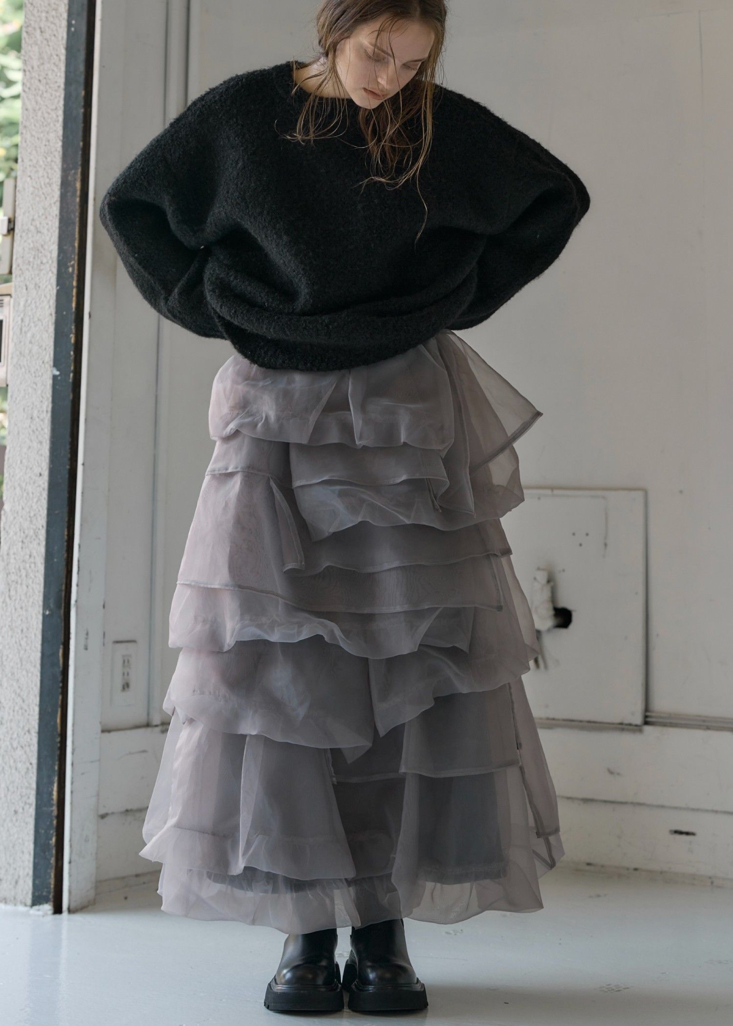 organdy random tiered pattern SK / オーガンジー ティアードスカート (グレー) / 25AW /