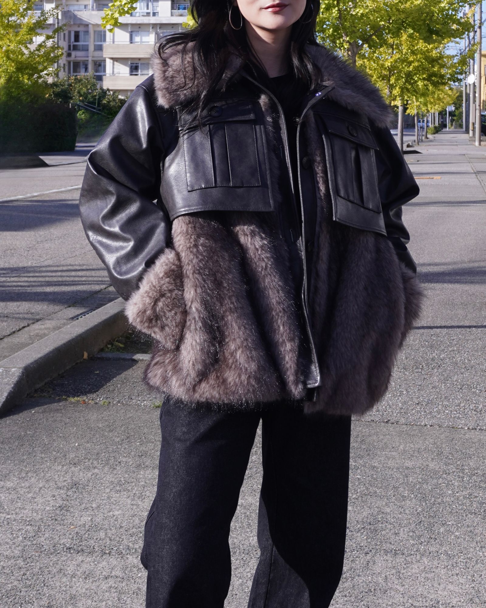 【25AW】Leather Docking Fur Jacket (ブラック) / レザードッキングファージャケット / エコファー / フェイクファー