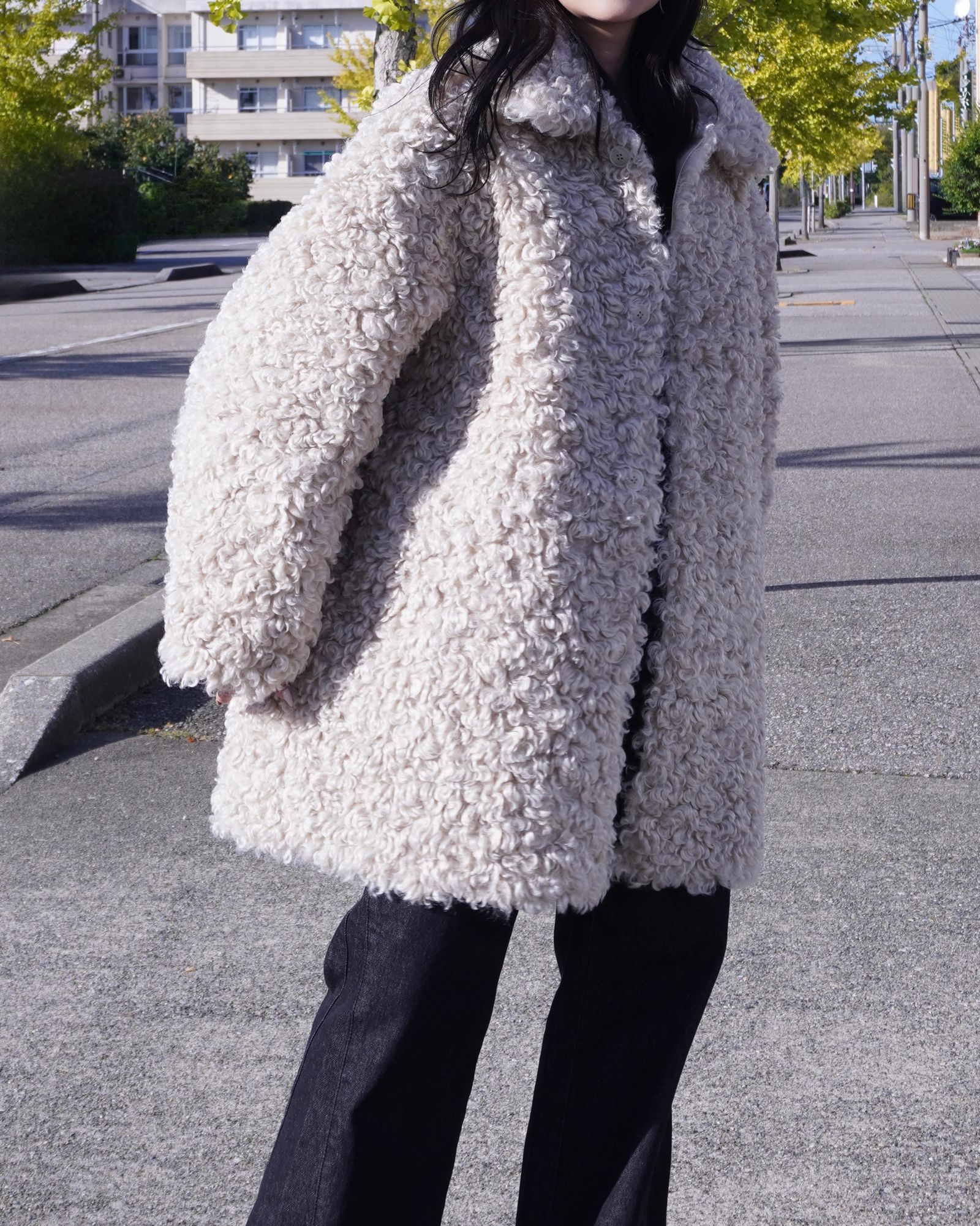 【25AW】Vintage Like Fake Mouton Reversible Coat (クリーム) / ヴィンテージライクムートン リバーシブルファーコート / エコファー / フェイクファー