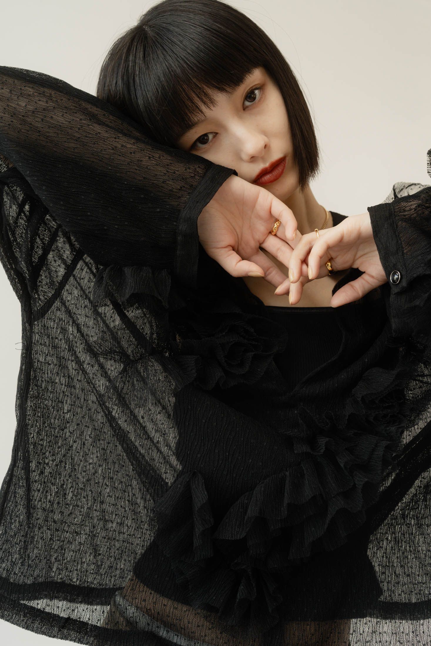 チュールデザインブラウス (ブラック) tulle design blouse (Black)