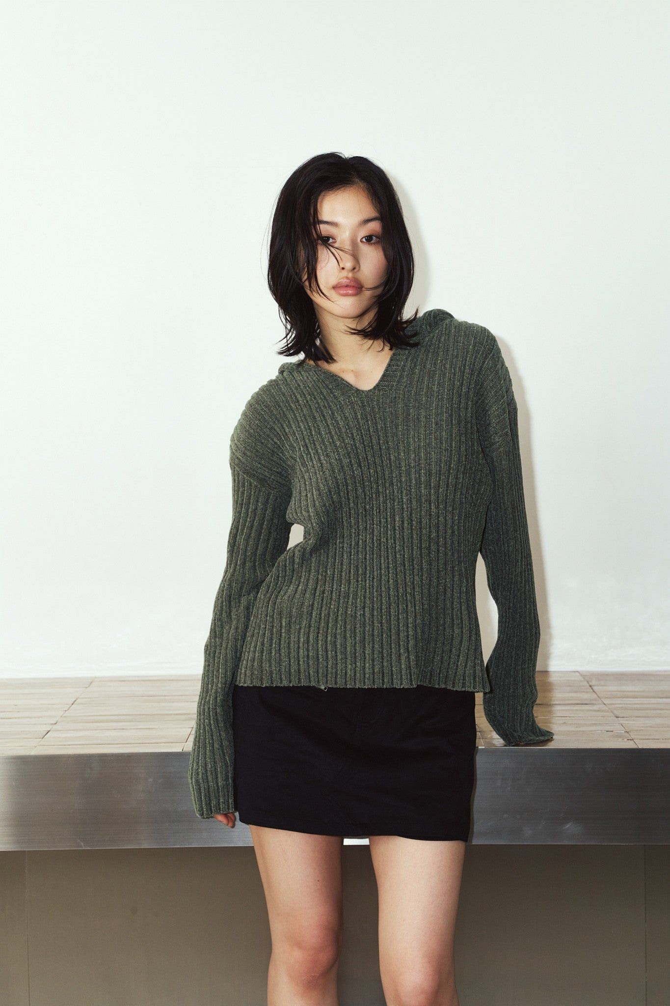 ブークレ ニット フーディ (カーキ) rib hoodie boucle knit (Khaki) / 26AW