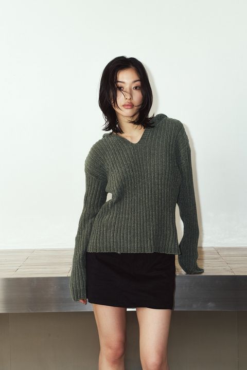 ブークレ ニット フーディ (カーキ) rib hoodie boucle knit (Khaki) / 26AW