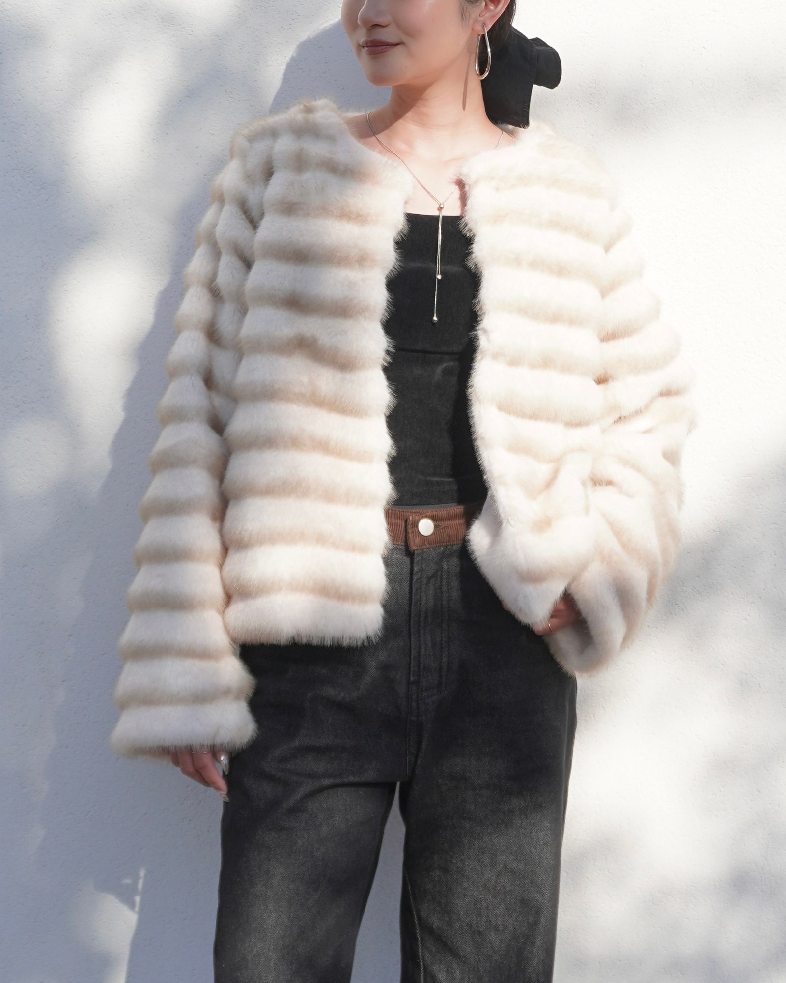 【25AW】Gradation Border Fur Jacket (アイボリー) / グラデーションボーダーファー ジャケット / エコファー / フェイクファー