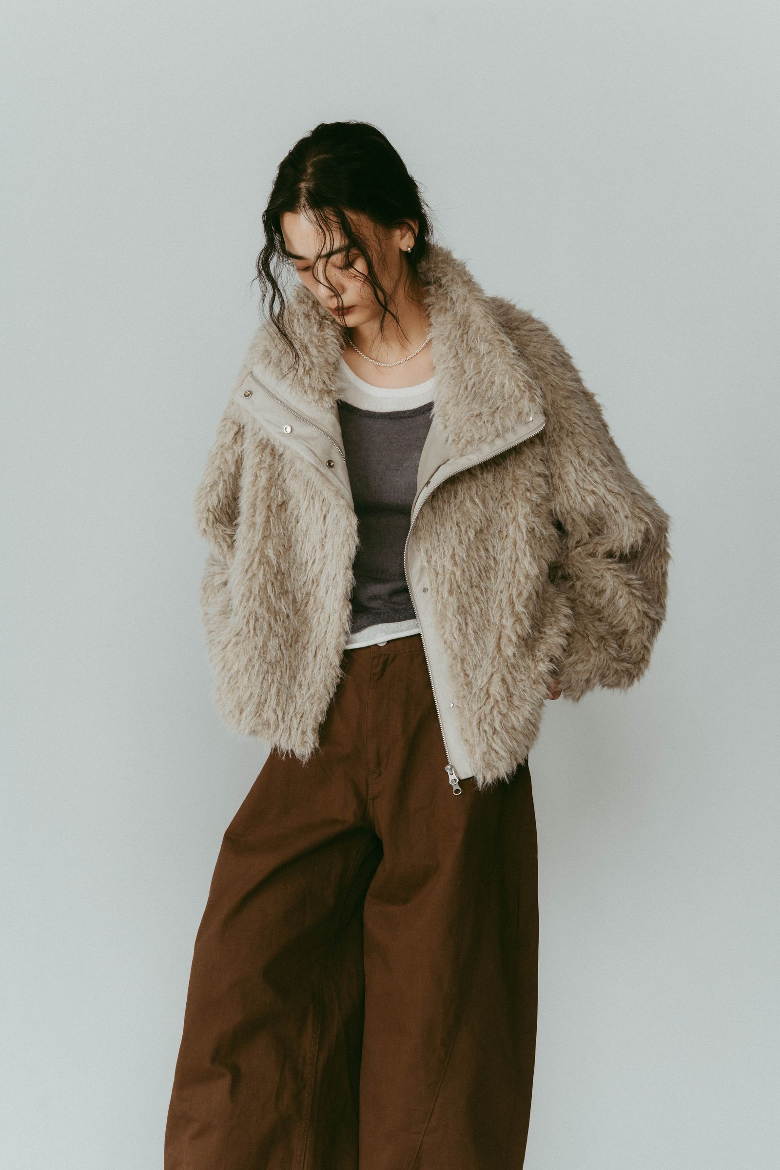 shaggy stand collar coat / シャギースタンドカラーコートブルゾン (アイボリー) / 25AW