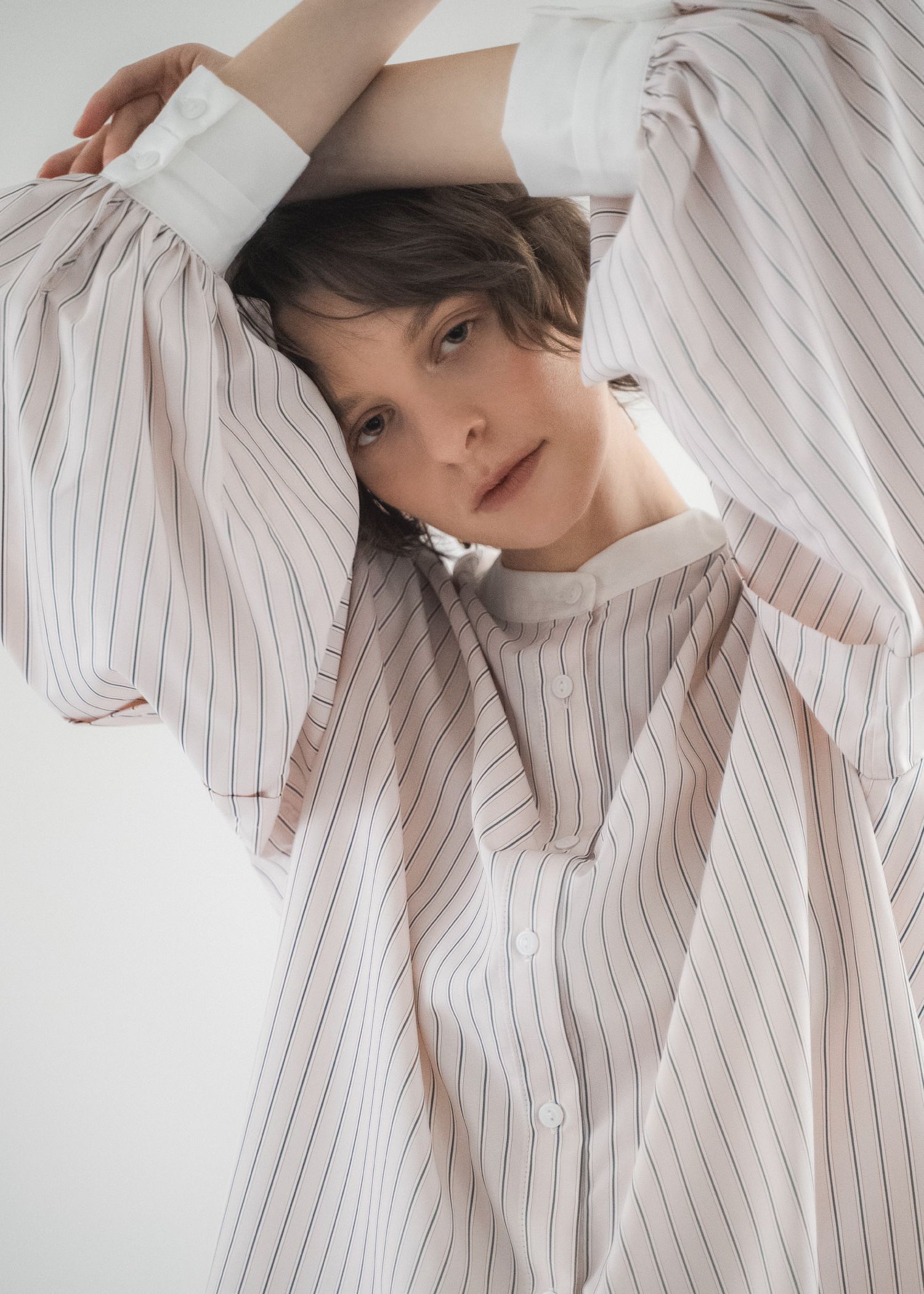 stripe balloon sleeve cleric BL / ストライプ バルーンスリーブ ブラウス (Baby pink) / 26SS