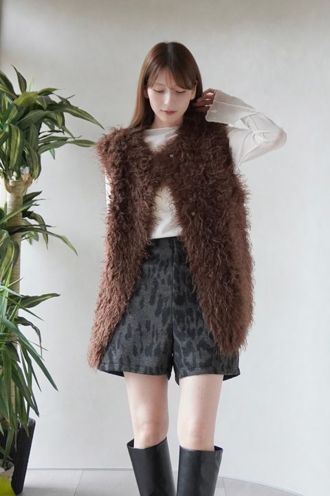 【26TH-18】カーリーファーベスト (ブラウン) Curly Fur Vest (Brown) /  エコファー  /  フェイクファー