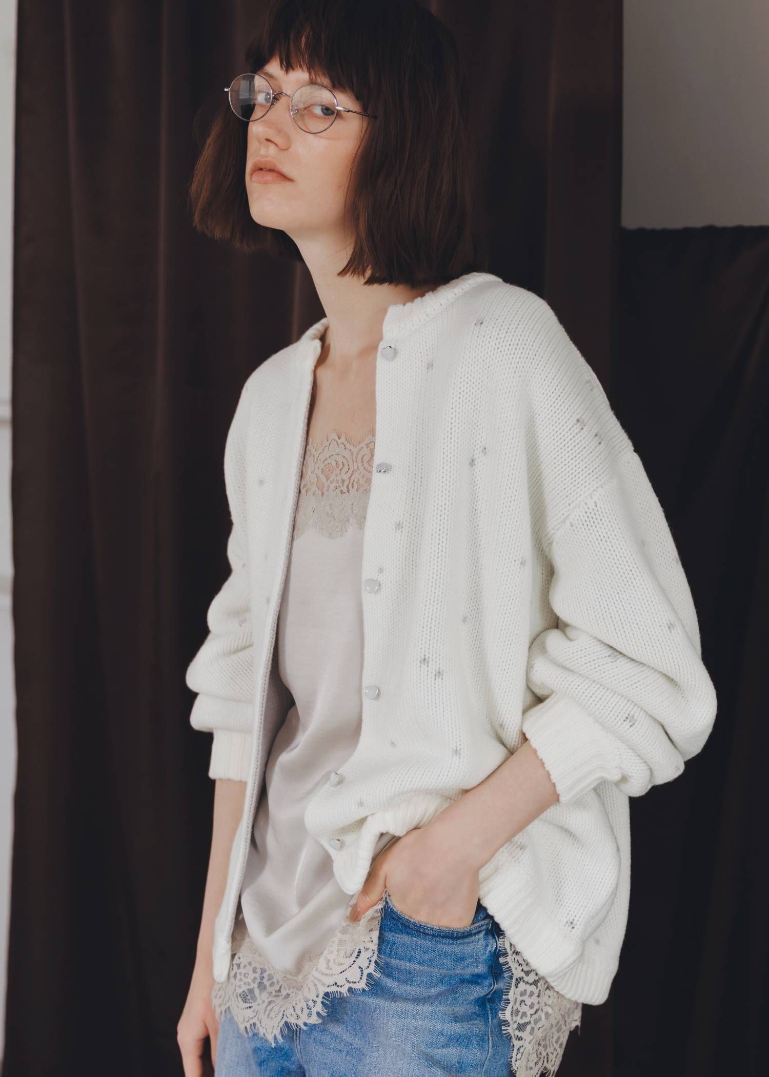 【ロング】ハートドット リバーシブルカーディガン (アイボリー×アイス) long heart dot jacquard reversible knit cardigan (ivory×ice) /  26SS