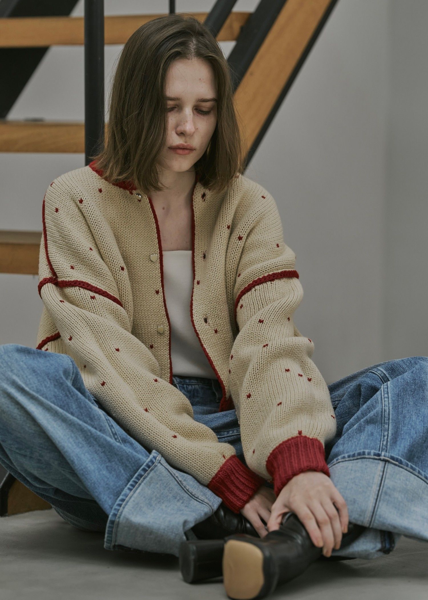 heart dot jacquard reversible cropped knit cardigan / ハートドット ジャガード リバーシブルクロップドカーディガン (レッド×タン) / 25AW