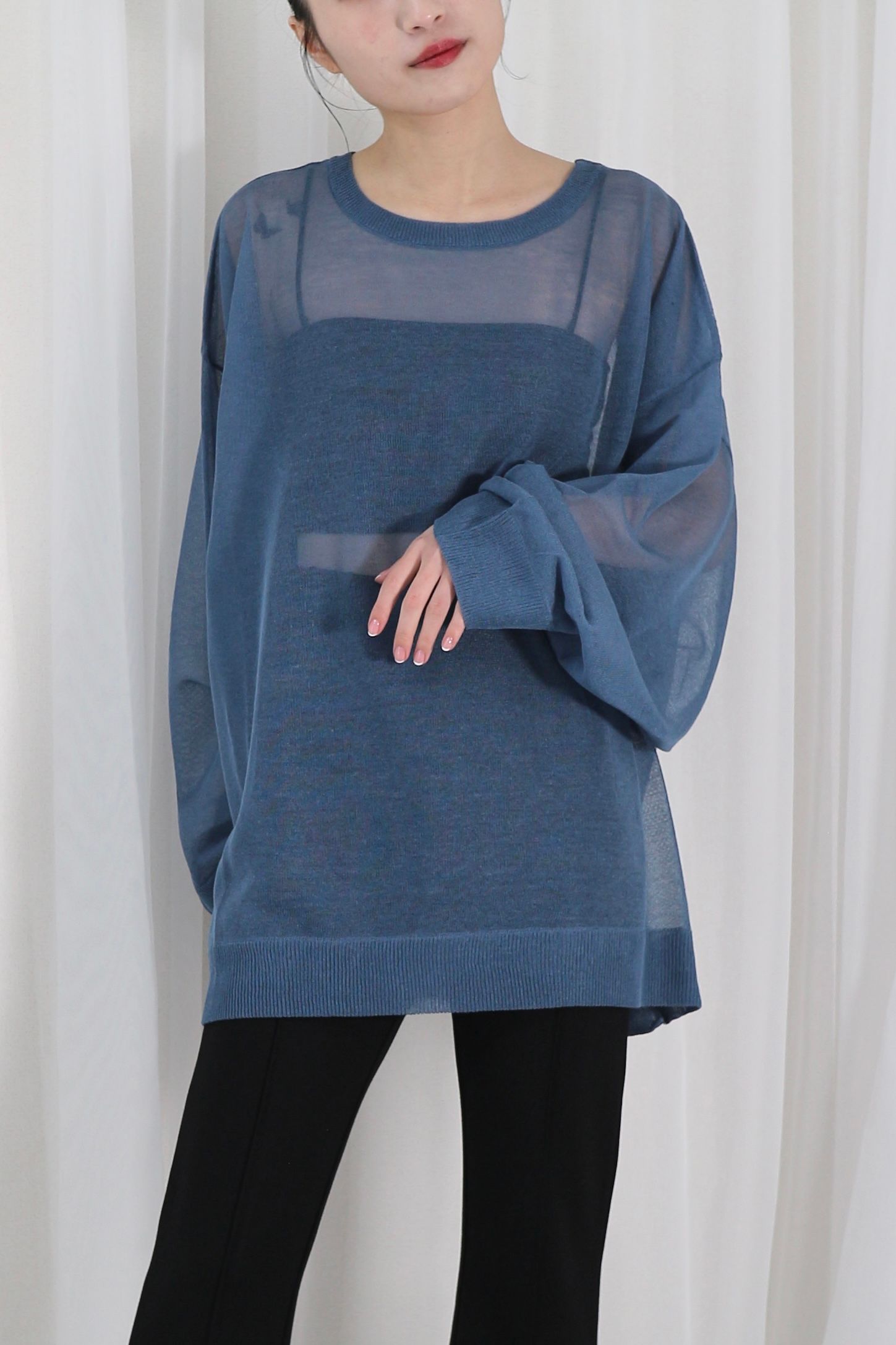 SHEER KNIT TOPS / シアーニットトップス (ブルー)