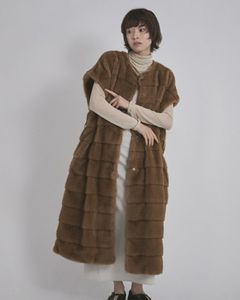 【先行予約】【26TH-10】ミンク調ファーロングベスト (キャメル) Mink Like Fur Long Vest (Camel) /  エコファー  /  フェイクファー 【受注期間6/14 23:59まで】