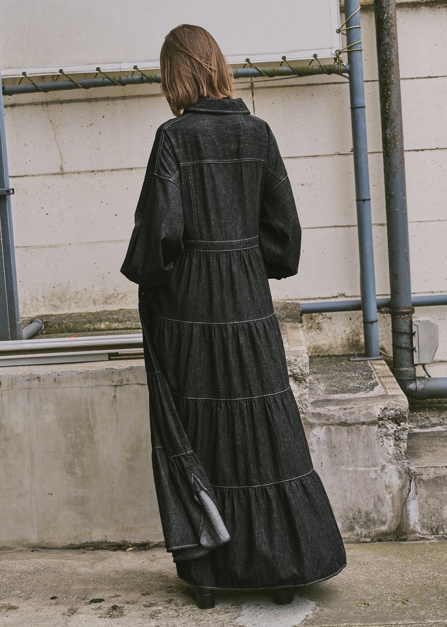 【Healthy DENIM × WILLFULLY】"Aphrodite" tiered denim shirt OP / ヘルシーデニムコラボ デニムシャツワンピース (ブラック) / 25AW /