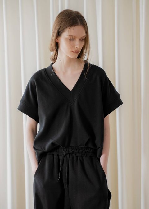 バルーンヘム スウェット半袖トップス (ブラック) balloon hem moss stitch sweat tops (Black) /  26SS