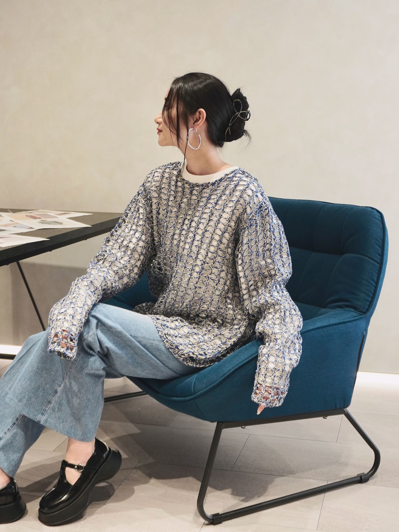 CINOH - 【25SS】LACE KNIT / クルーネックレースニット (ブルー