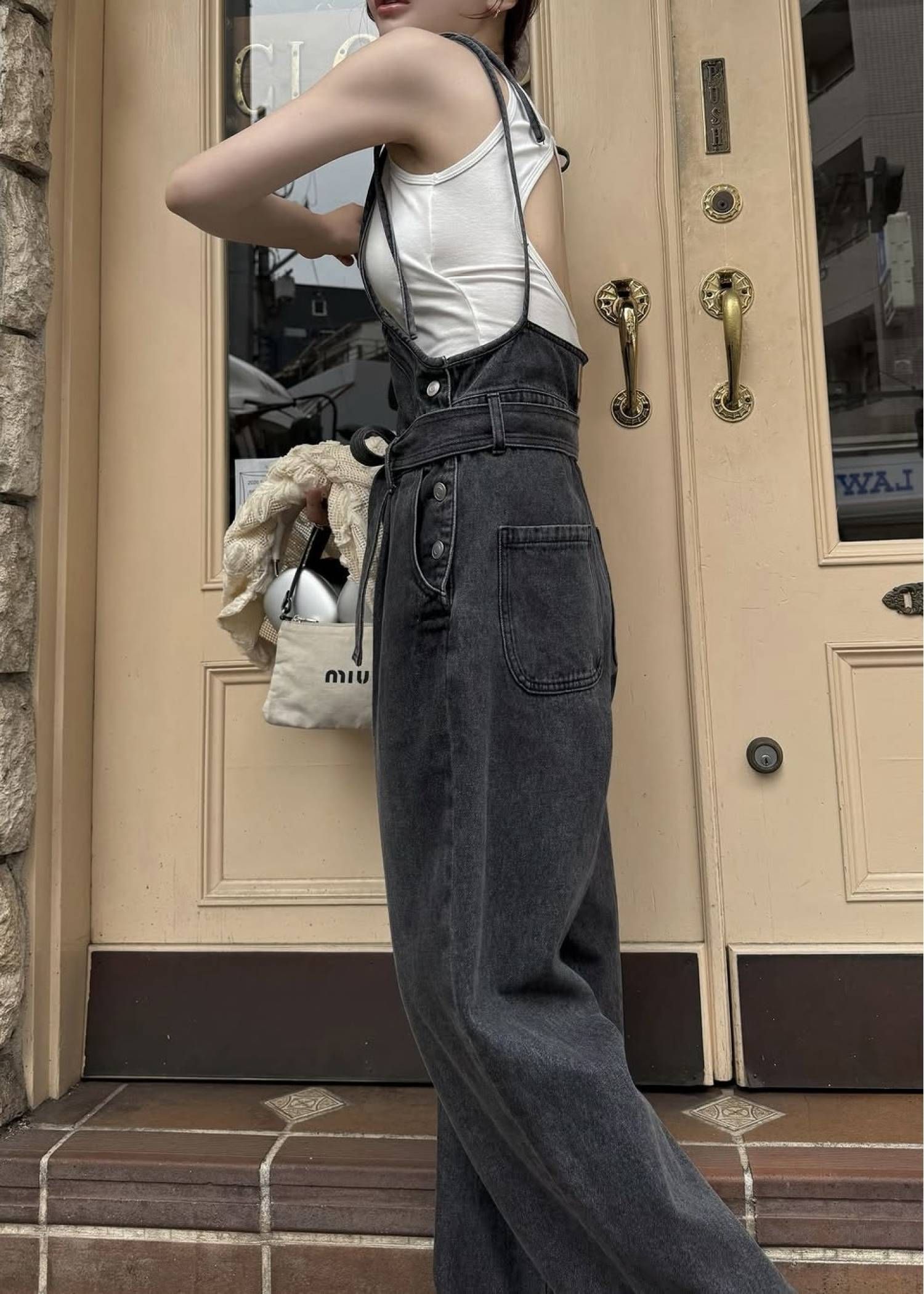 デニム リボンサロペット (ブラック) denim tapered ribbon salopette (Black) /  26SS