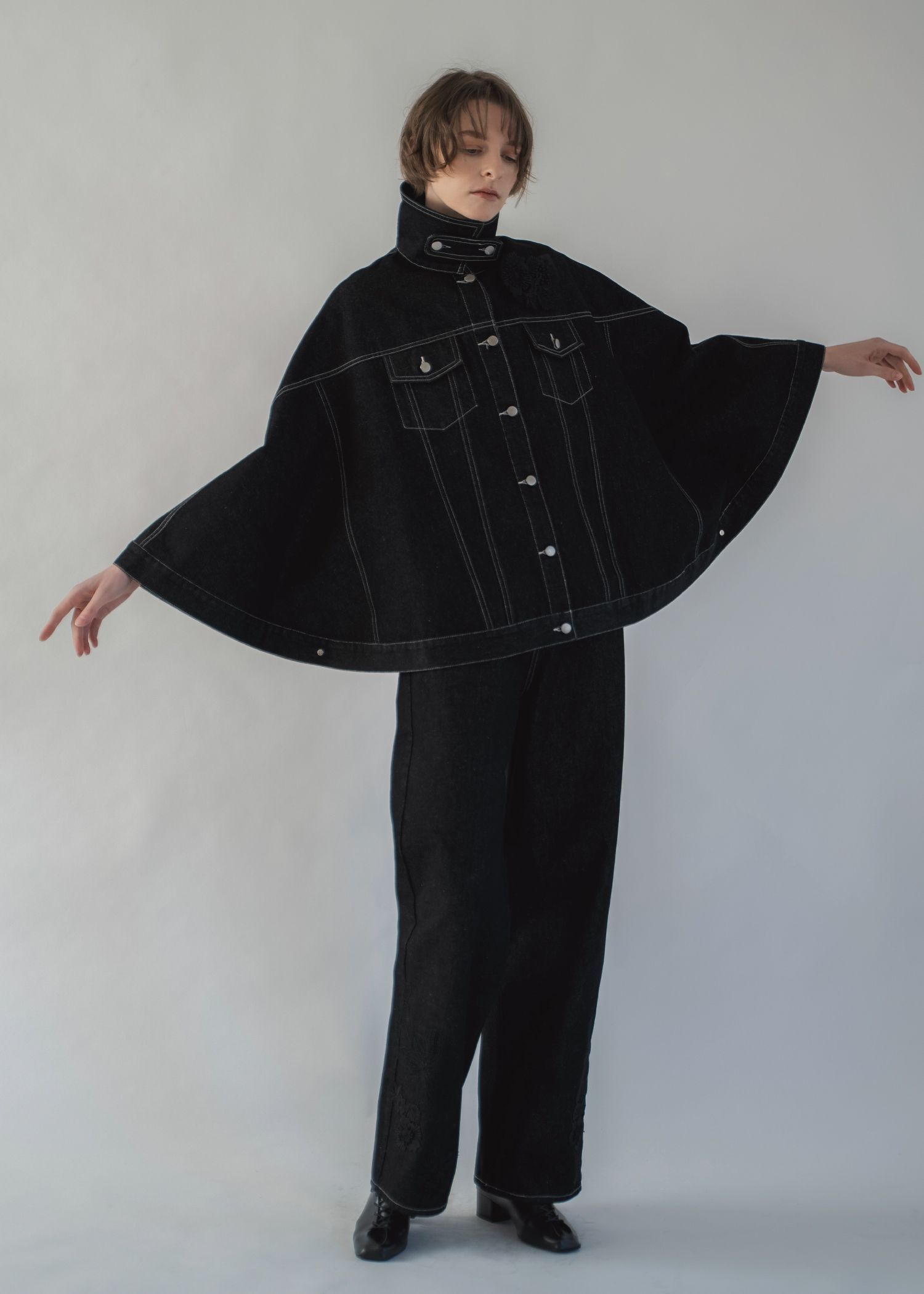 trucker detail denim poncho JK / トラッカー ポンチョ デニムジャケット (Black) / 26SS