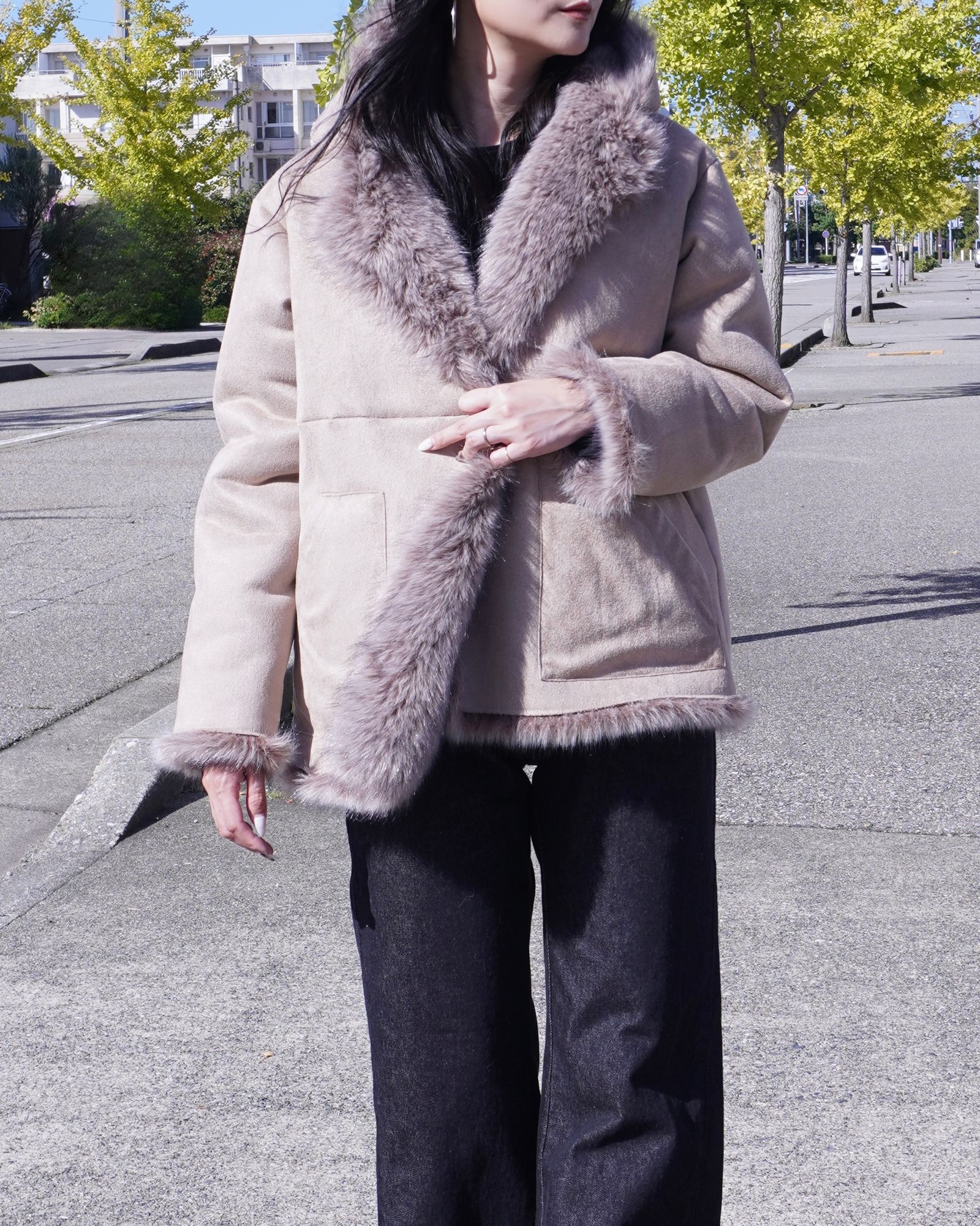 【25AW】Fox Like Fur Hoodie Coat / フォックスライクファー リバーシブルフーディコート (ベージュ) / エコファー / フェイクファー