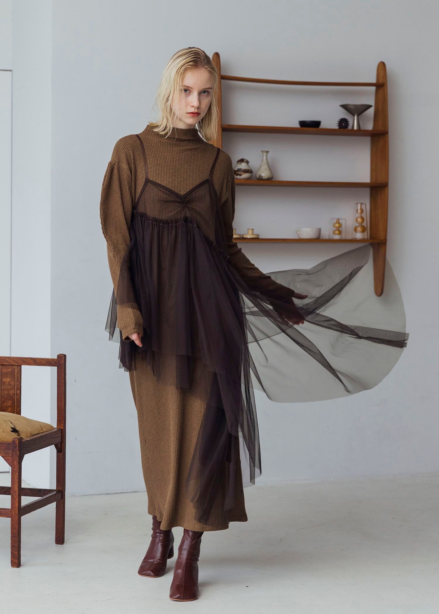 asymmetry layered tulle cami OP / アシンメトリー レイヤードチュールキャミワンピース (ブラウン) / 25AW /