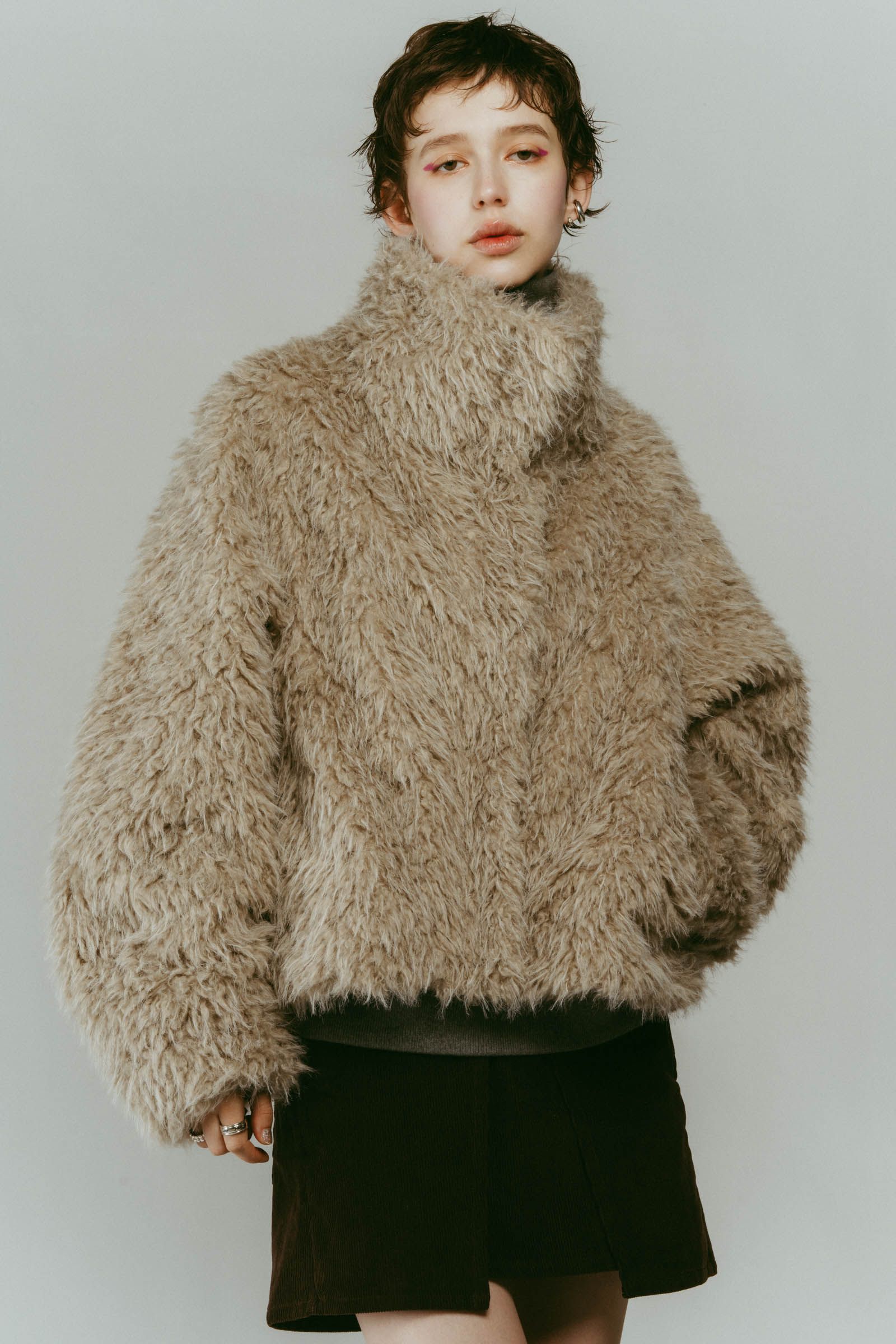 shaggy stand collar coat / シャギースタンドカラーコートブルゾン (アイボリー) / 25AW