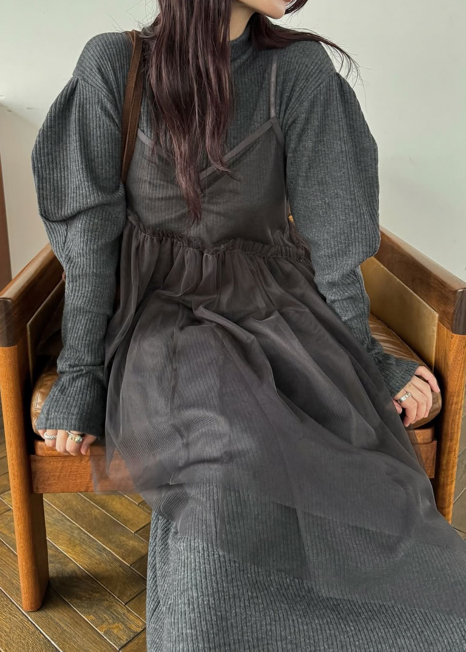 volume sleeve high neck rib OP / ハイネックリブワンピース (チャコール) / 25AW /