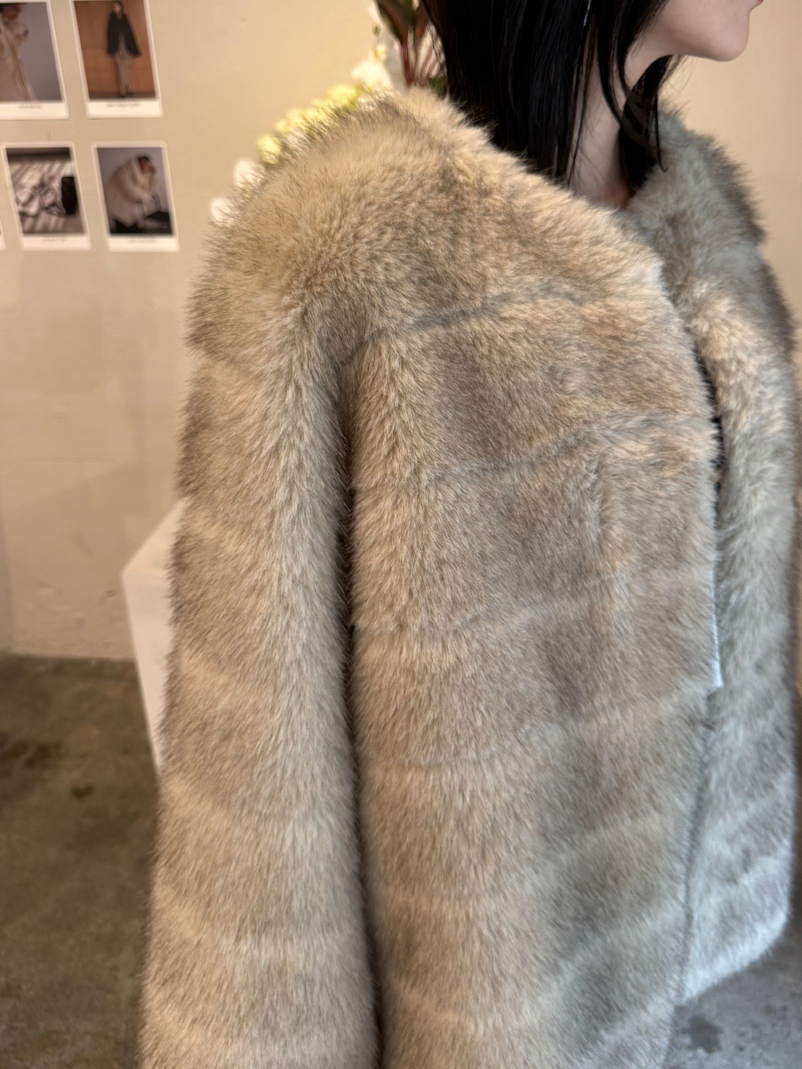 【25AW】Border Fur Coat (グレージュ) / ボーダーファーコート / エコファー / フェイクファー