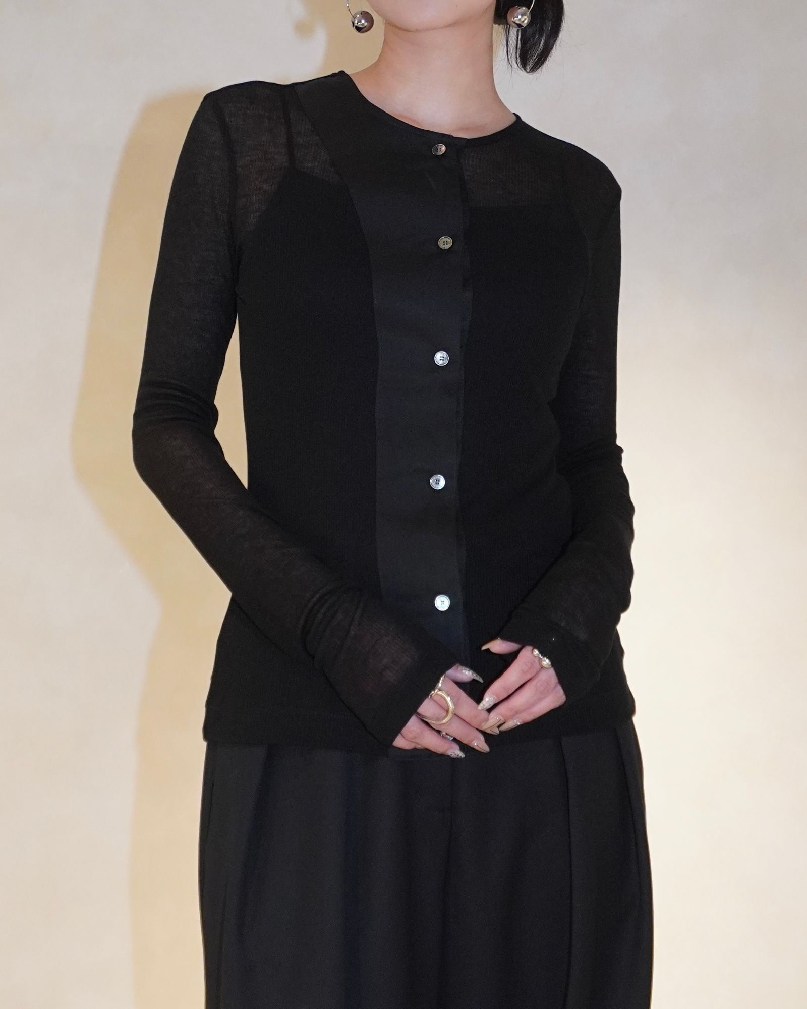 アシンメトリー リブトップス (ブラック) ASYMMETRIC PANEL SHEER RIB TOP (Black) / 26SS