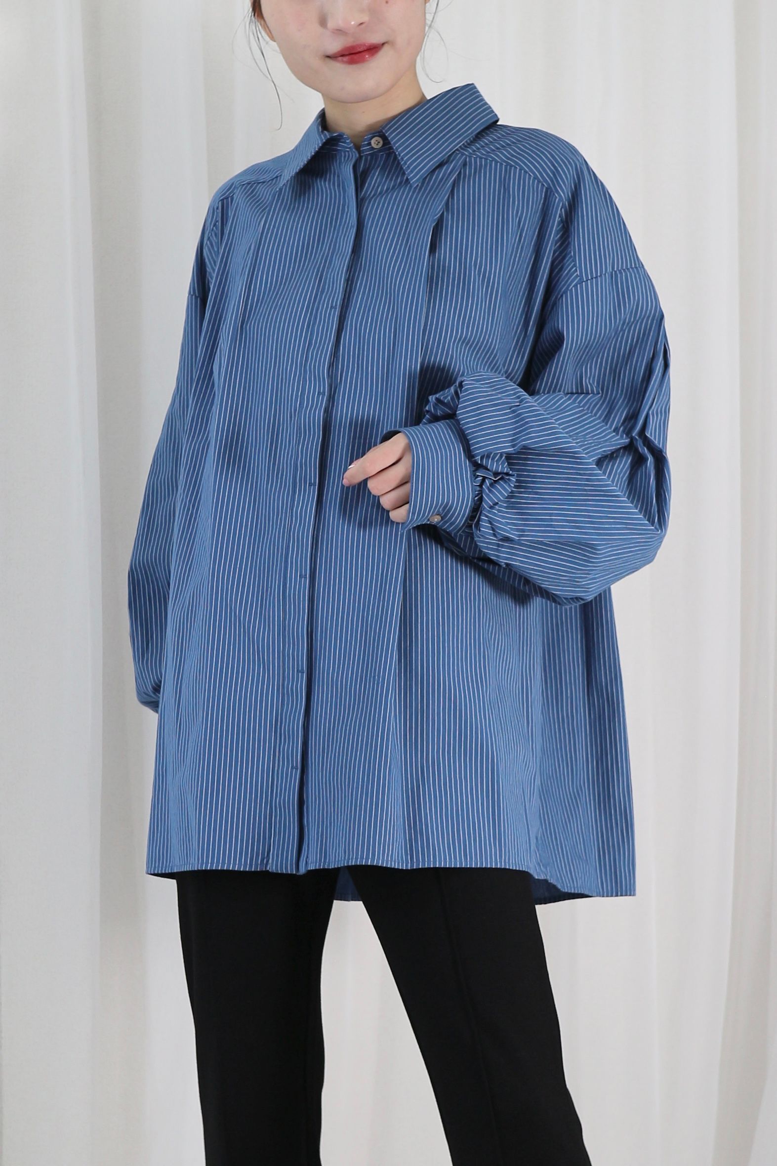 STRIPE VOLUME SLEEVE SHIRT / ストライプボリュームスリーブシャツ (ブルー)