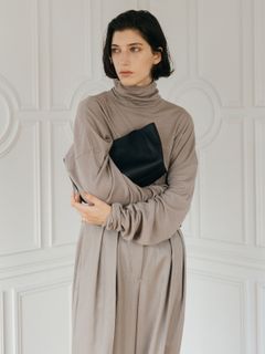 ファインウール ハイネックニットトップス (ベージュ) FINE WOOL OVER HIGH NECK TOPS