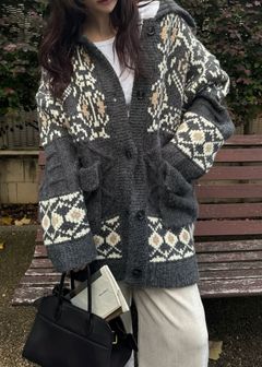 nordic pattern knit cowichan jacket / ノルディック カウチンニットジャケット (チャコール) / 25AW /
