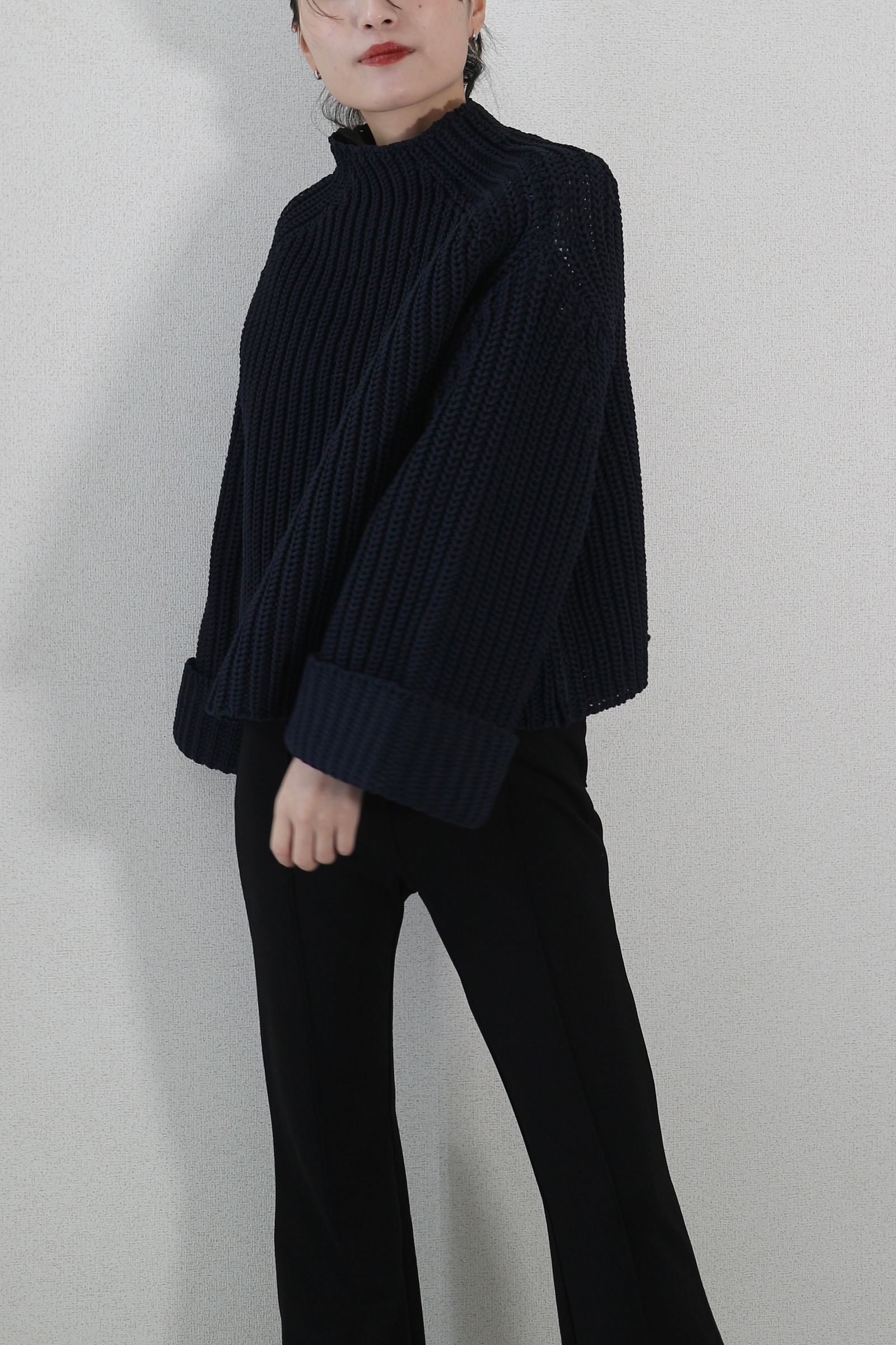LOW GAUGE MOCK NECK KNIT TOPS / ローゲージモックネックニットトップス (ネイビー)