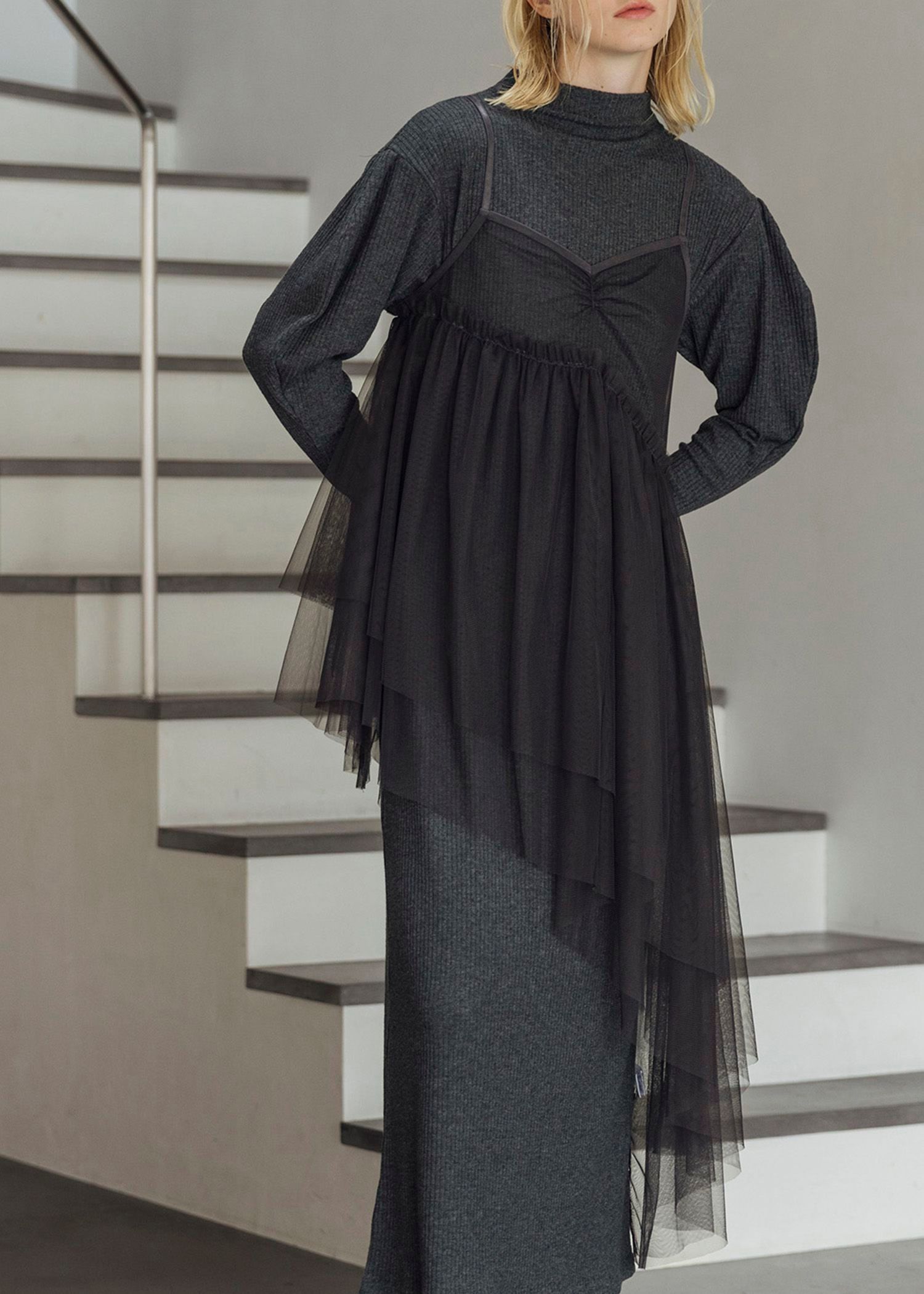 asymmetry layered tulle cami OP / アシンメトリー レイヤードチュールキャミワンピース (チャコール) / 25AW /