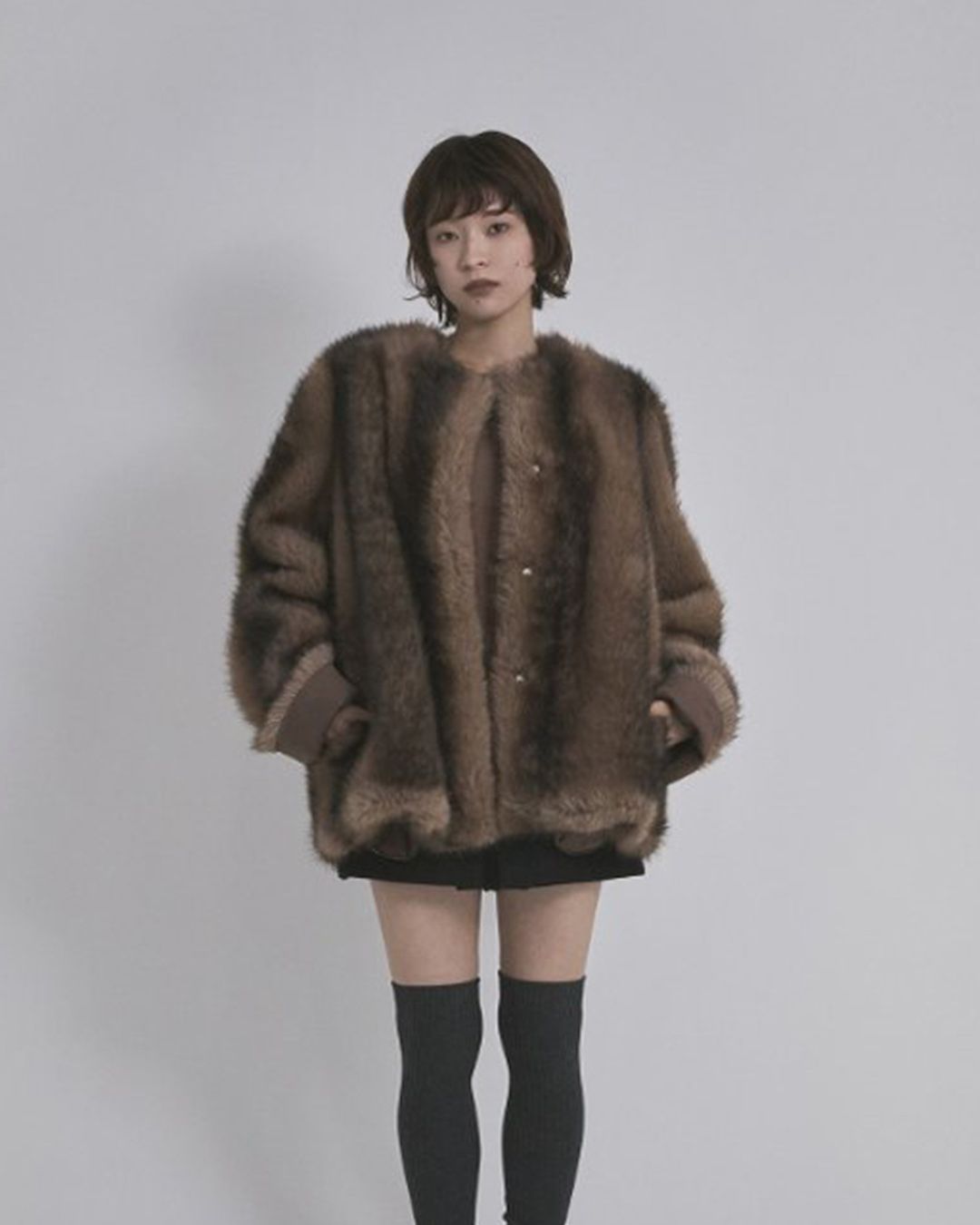 【先行予約】【26TH-08】ムートン調グラデーションファーコート (ブラウン) Mouton Like Gradation Fur Coat (Brown) /  エコファー  /  フェイクファー 【受注期間6/14 23:59まで】