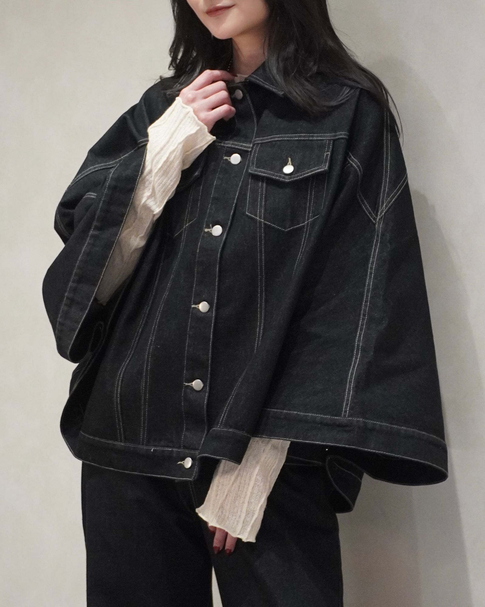 trucker detail denim poncho JK / トラッカー ポンチョ デニムジャケット (Black) / 26SS