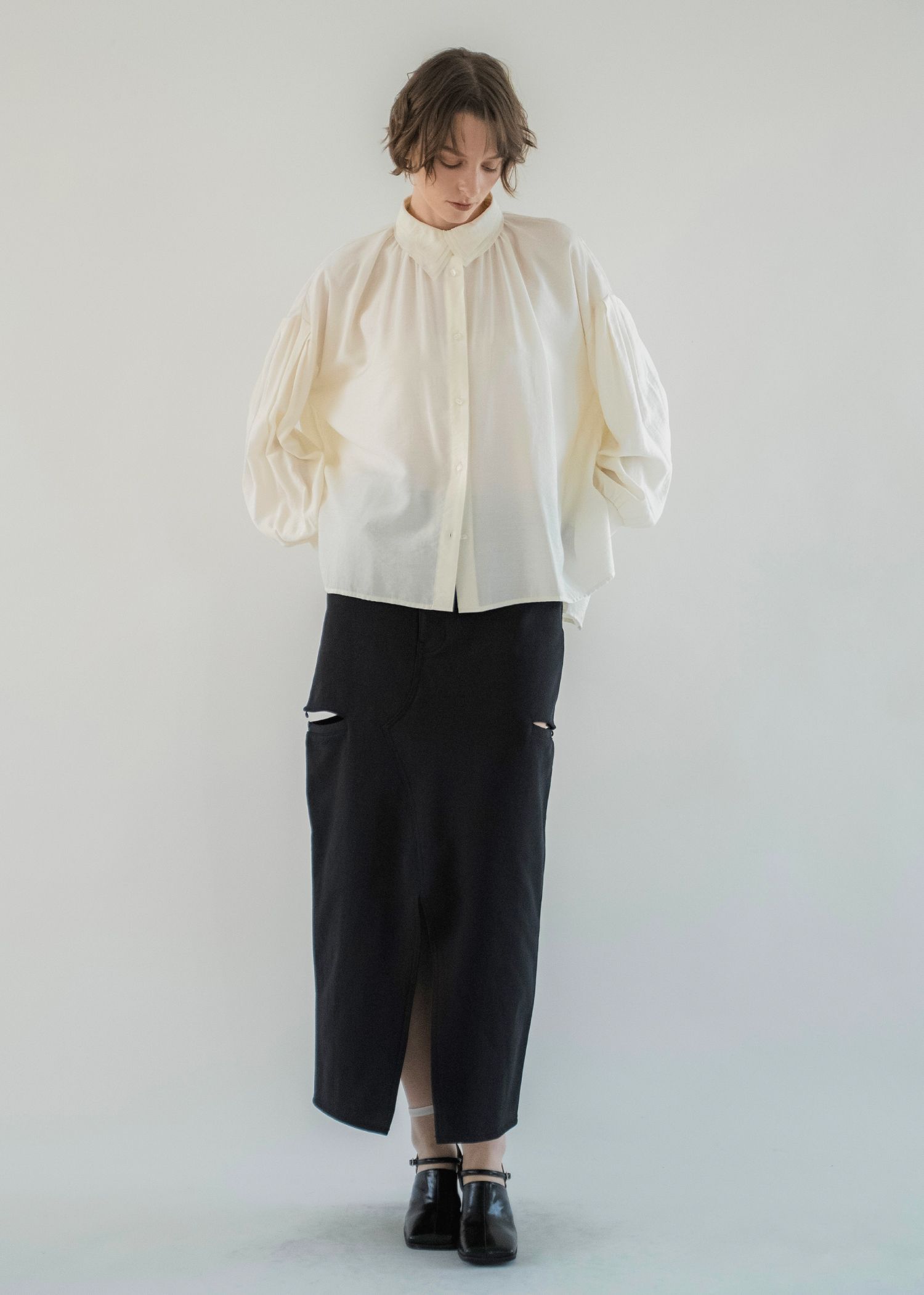 back bi color patchwork remake sweat SK / パッチワーク リメイク スウェットスカート (Black) / 26SS