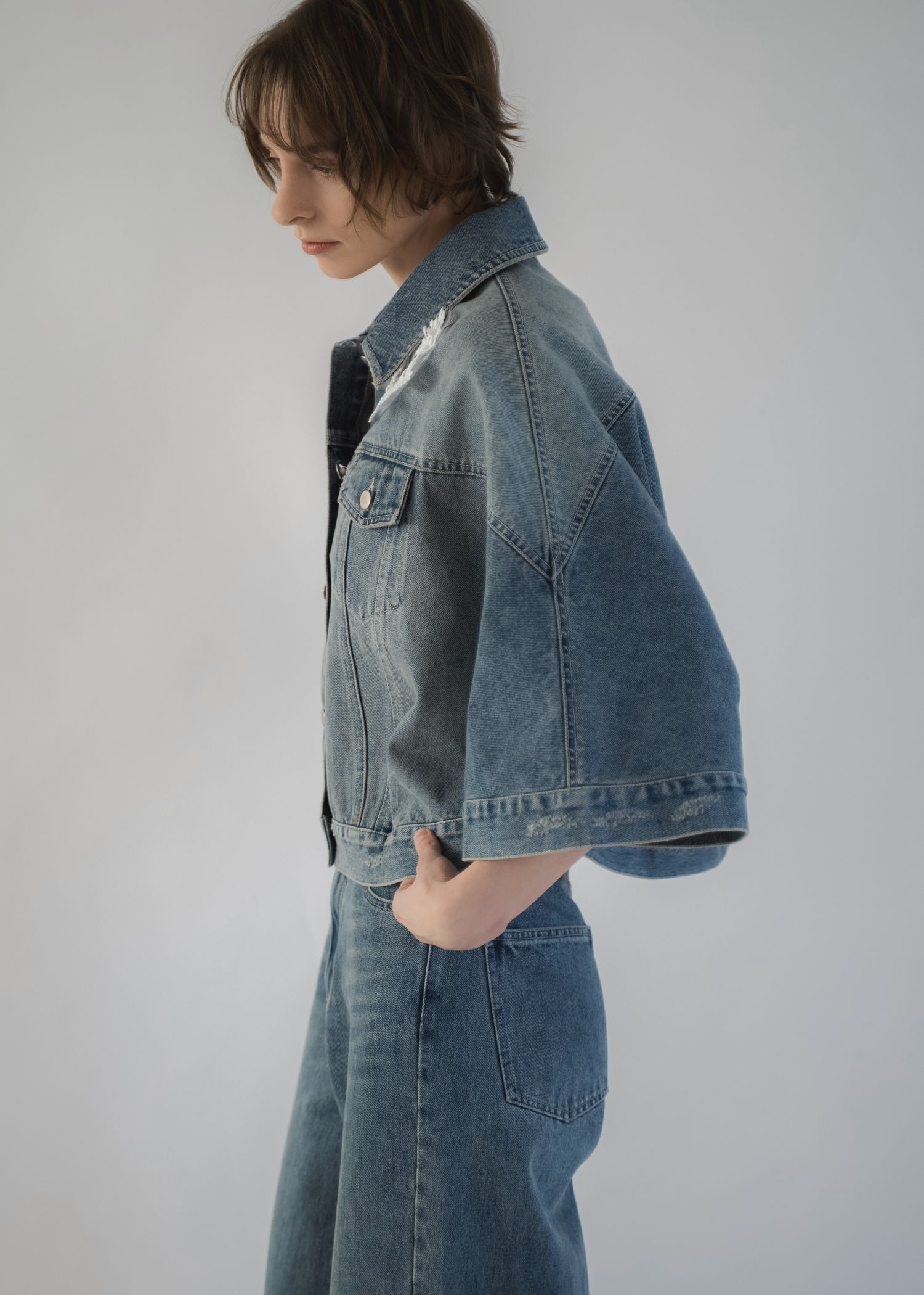 trucker detail denim poncho JK / トラッカー ポンチョ デニムジャケット (L/blue) / 26SS