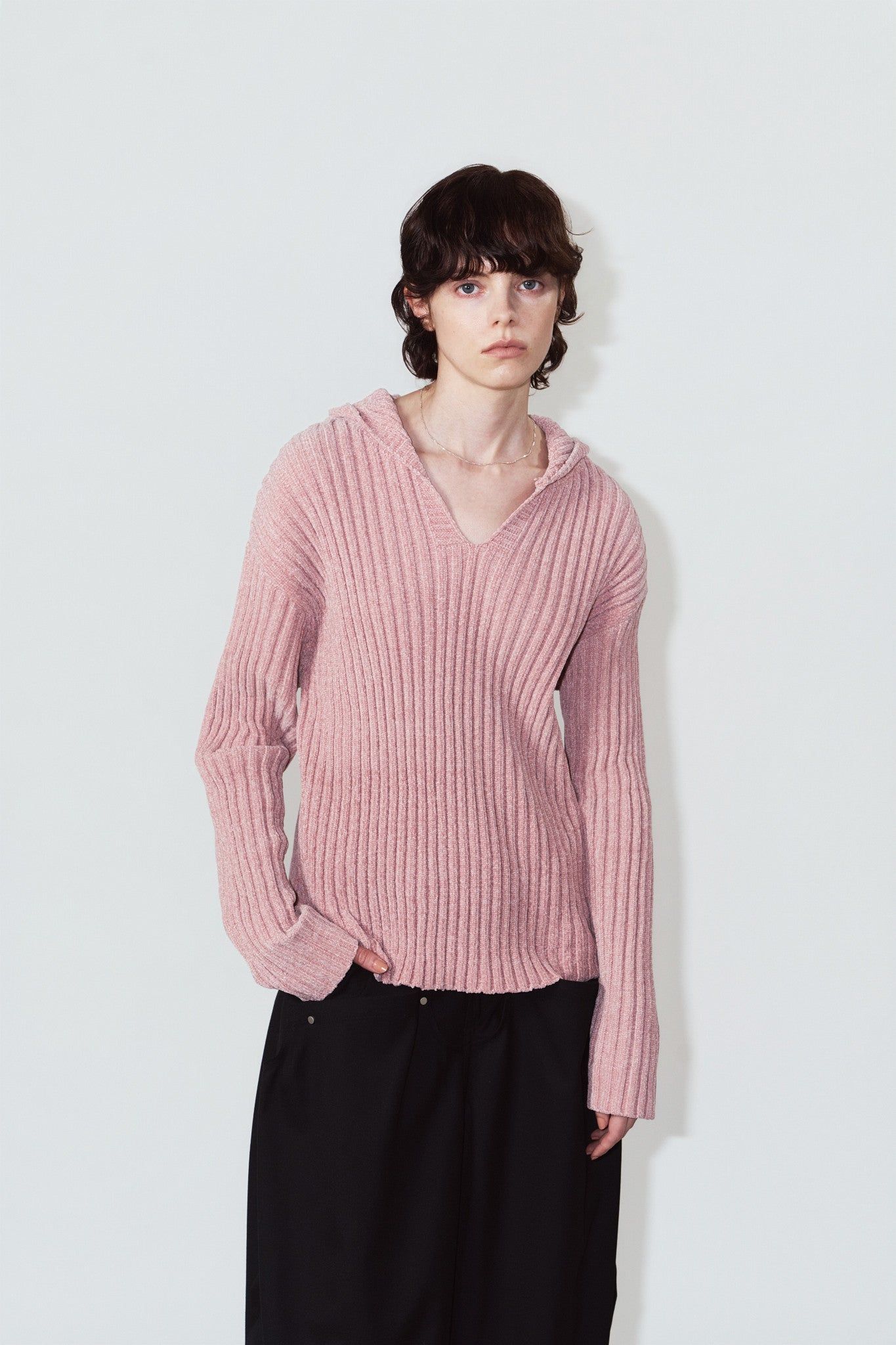 ブークレ ニット フーディ (ピンク) rib hoodie boucle knit (Pink) / 26AW